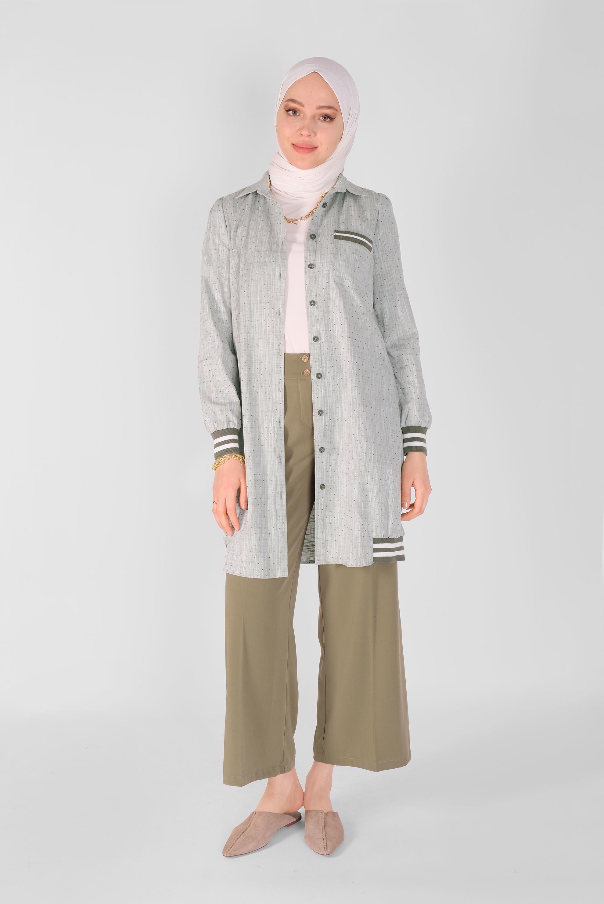 Tesettür giyim HAKİ DÜĞMELİ MANŞETLERİ LASTİKLİ TUNİK 41446 