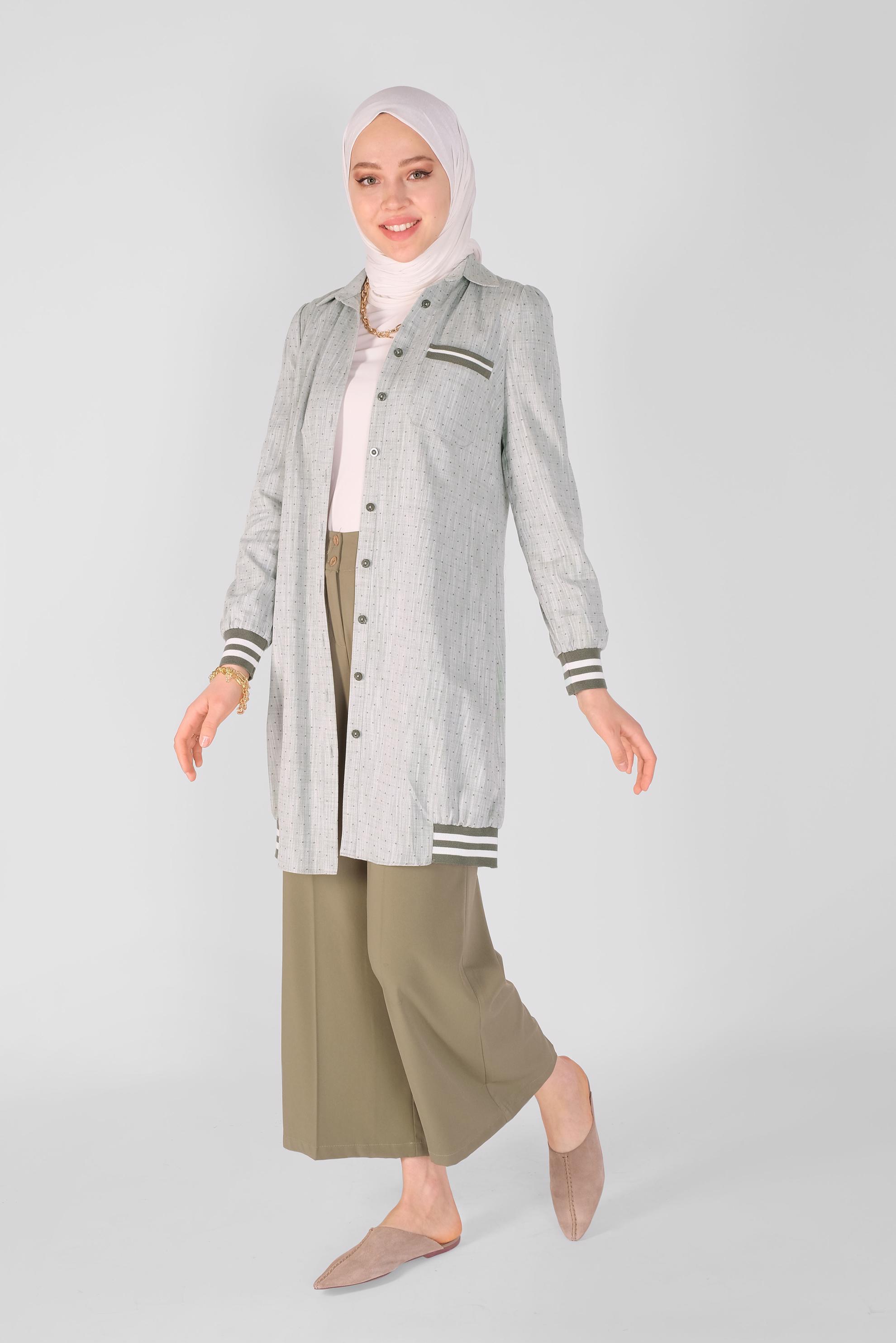 Tesettür giyim HAKİ DÜĞMELİ MANŞETLERİ LASTİKLİ TUNİK 41446 