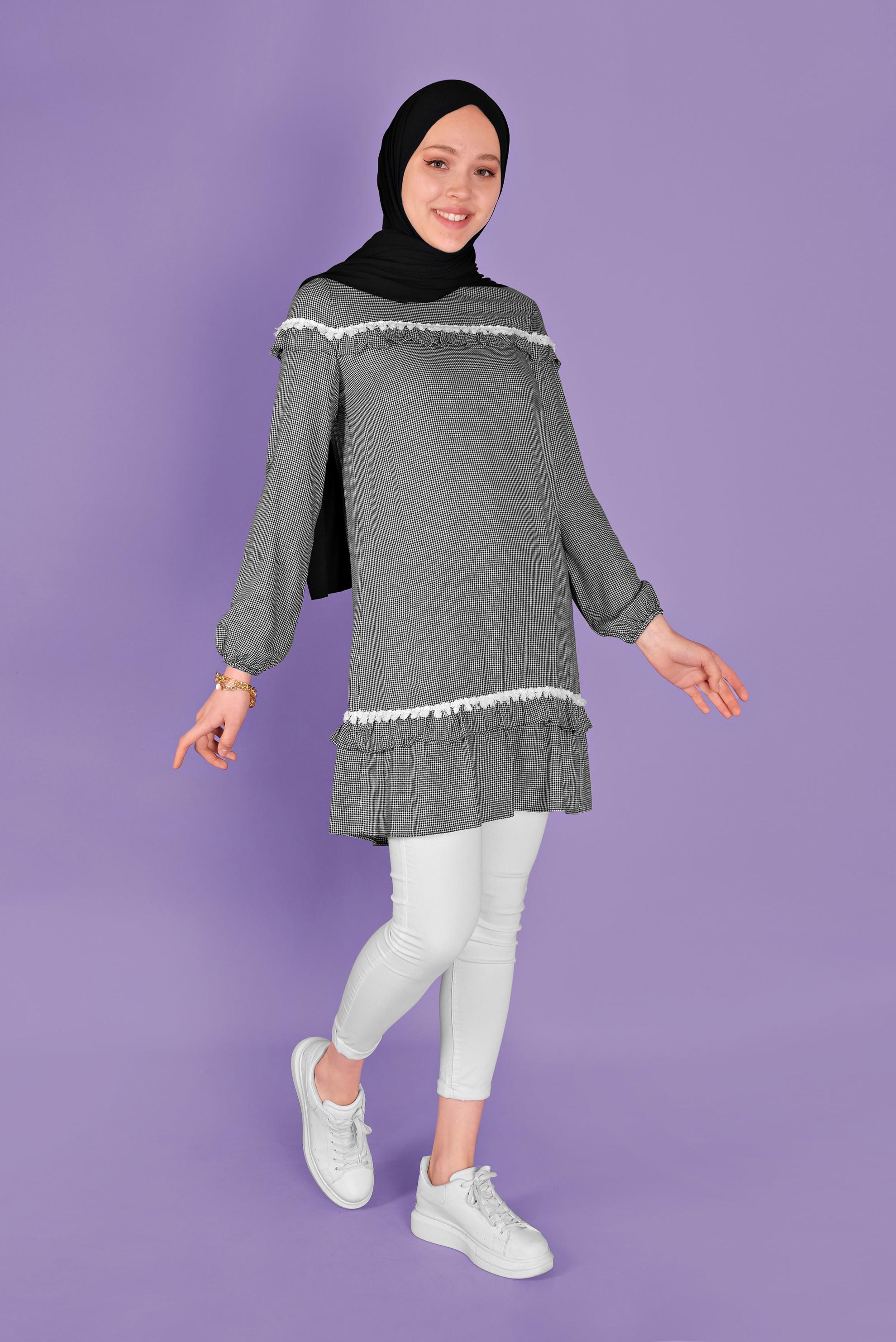 Tesettür giyim SİYAH FIRFIRLI KARELİ TUNİK 41447 