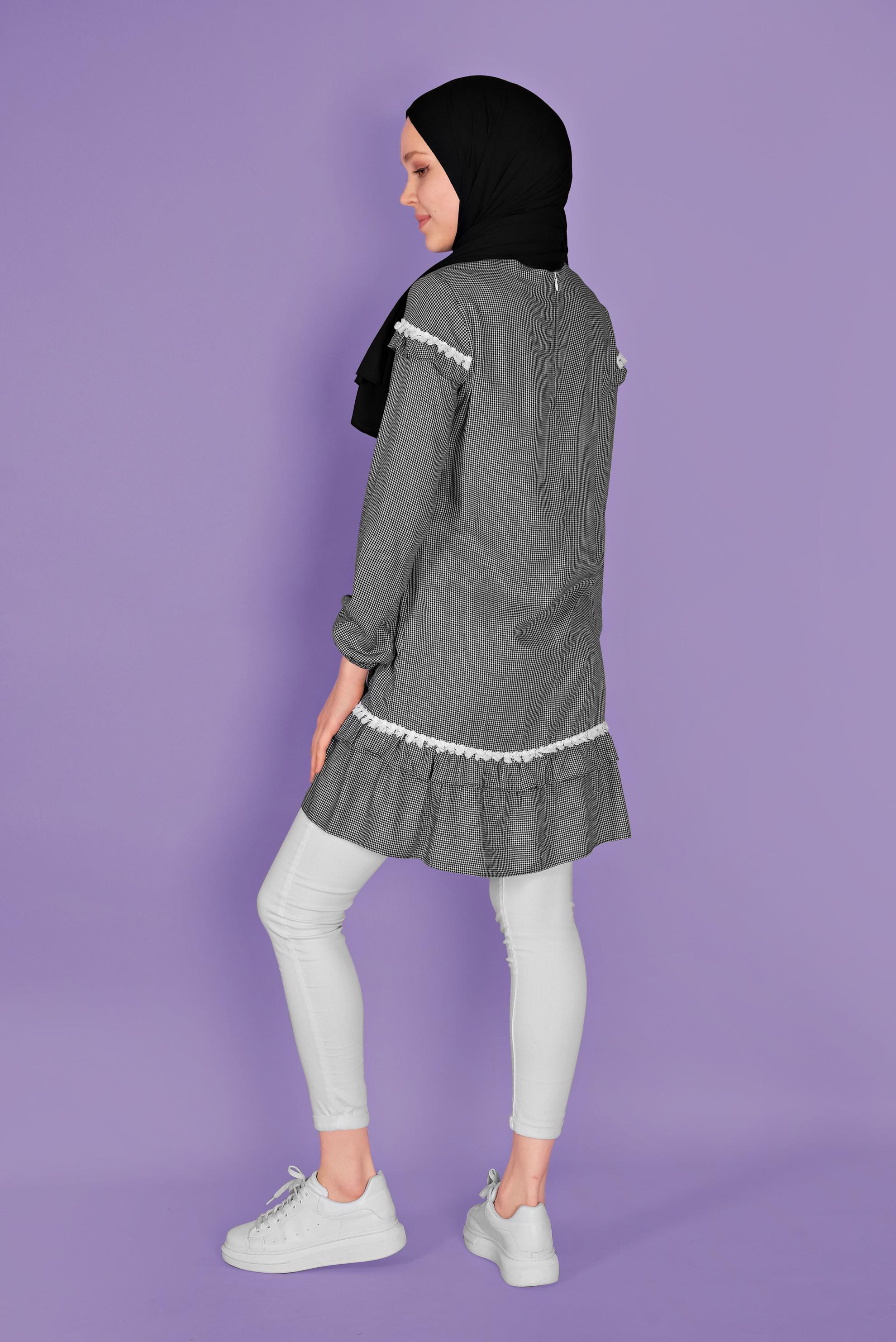 Tesettür giyim SİYAH FIRFIRLI KARELİ TUNİK 41447 