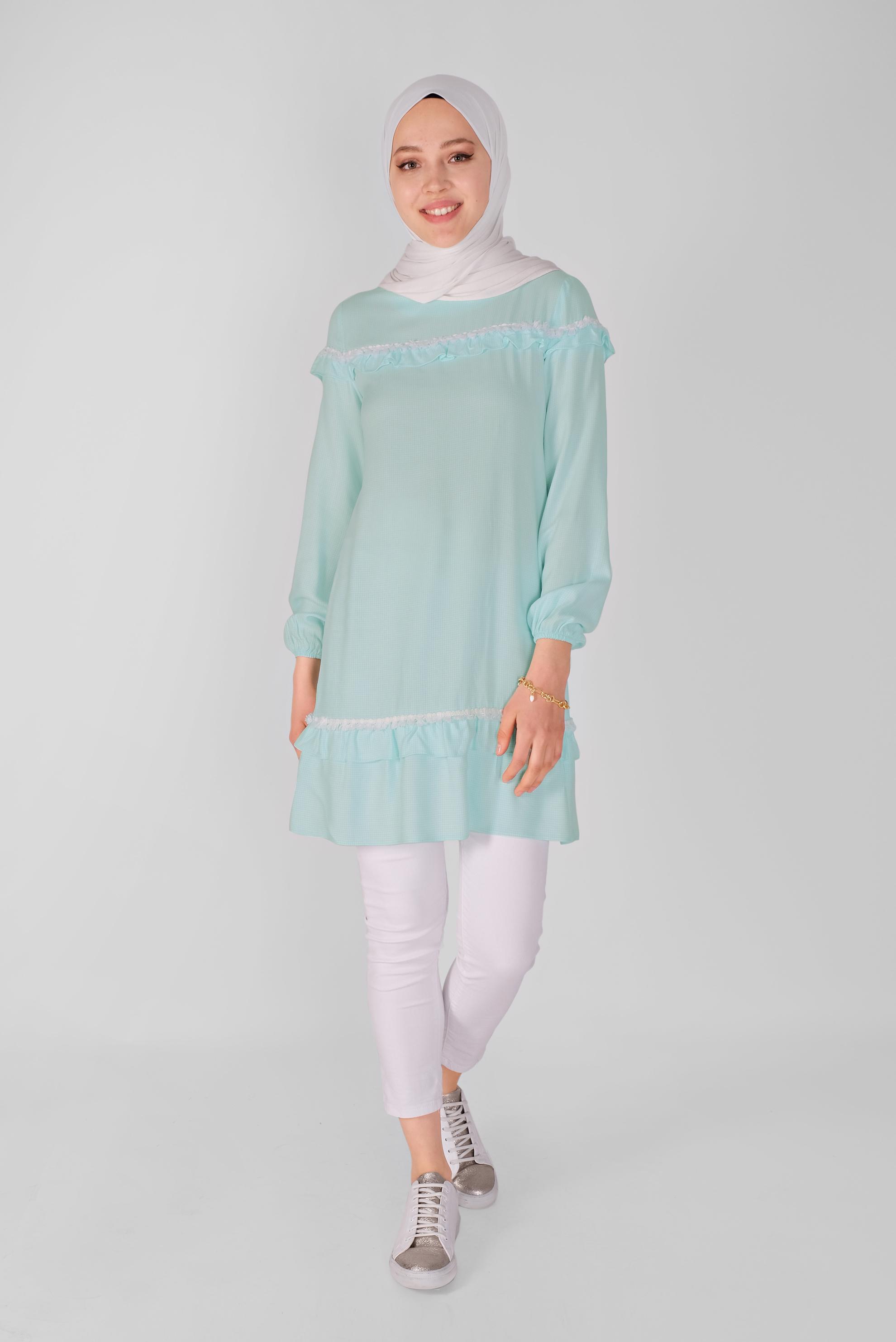 Tesettür giyim MAVİ FIRFIRLI KARELİ TUNİK 41447 