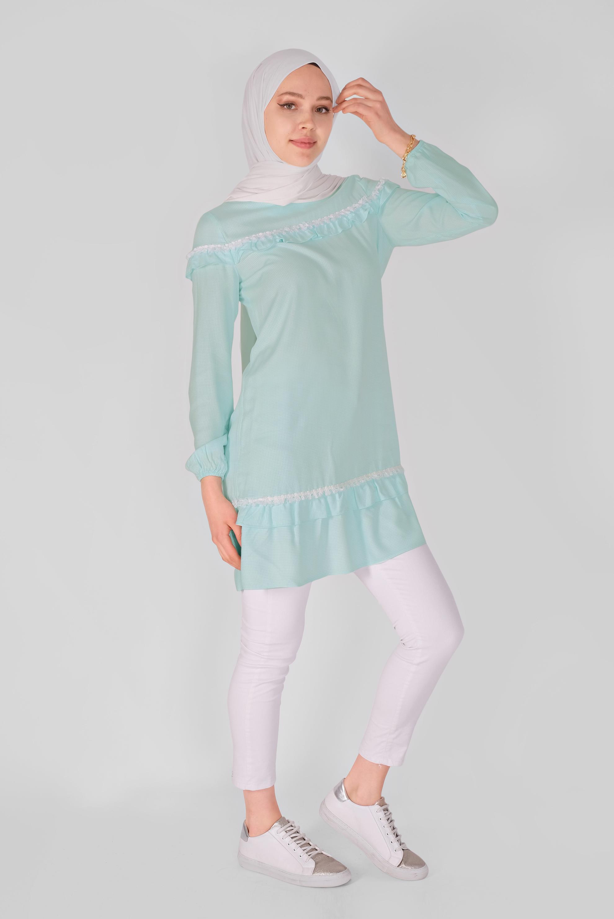 Tesettür giyim MAVİ FIRFIRLI KARELİ TUNİK 41447 