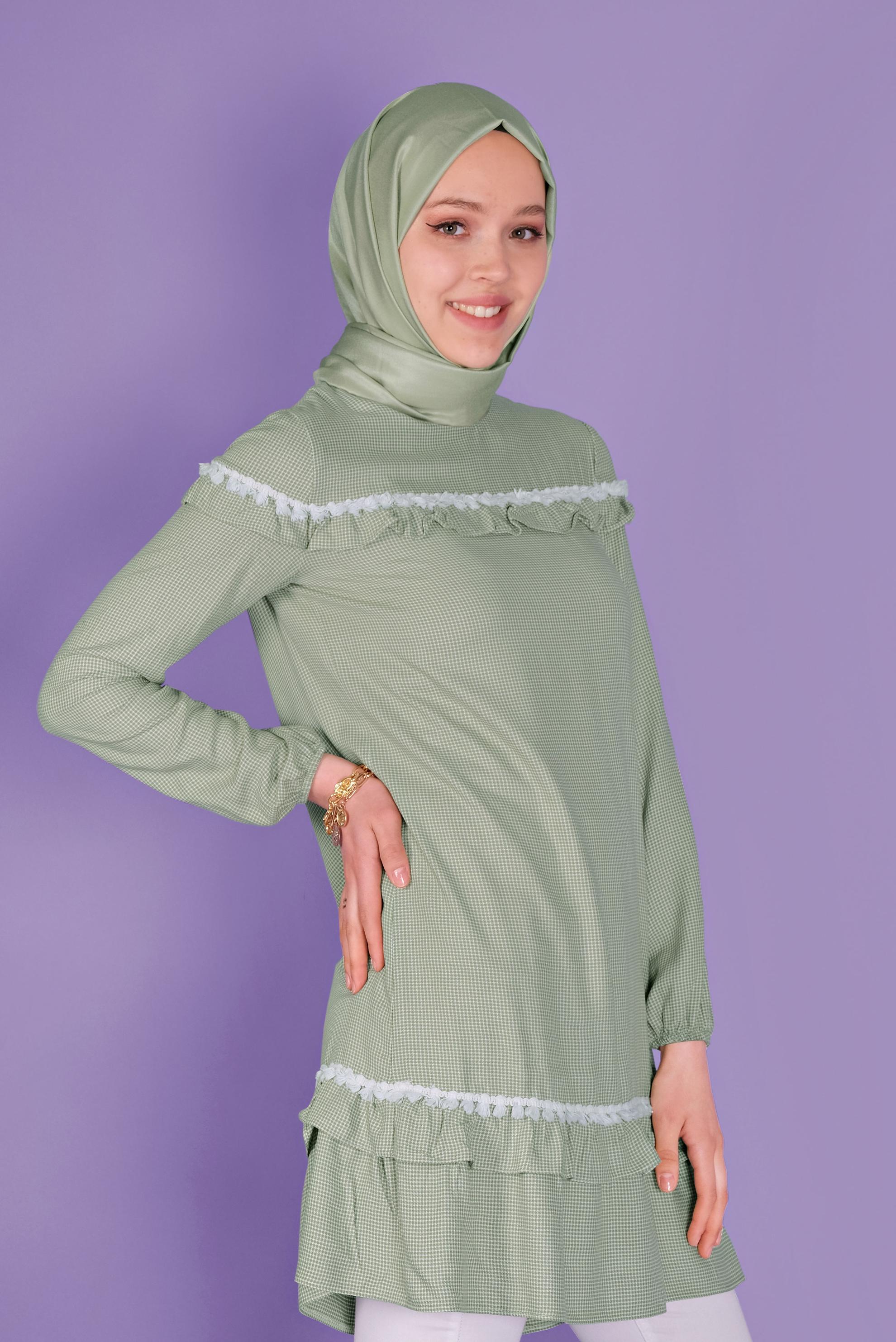 Tesettür giyim HAKİ FIRFIRLI KARELİ TUNİK 41447 