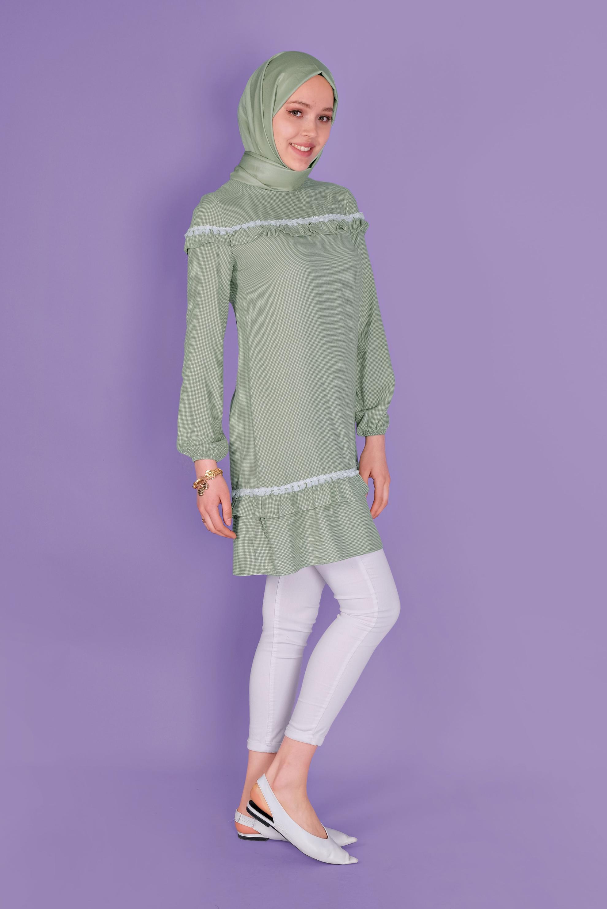 Tesettür giyim HAKİ FIRFIRLI KARELİ TUNİK 41447 