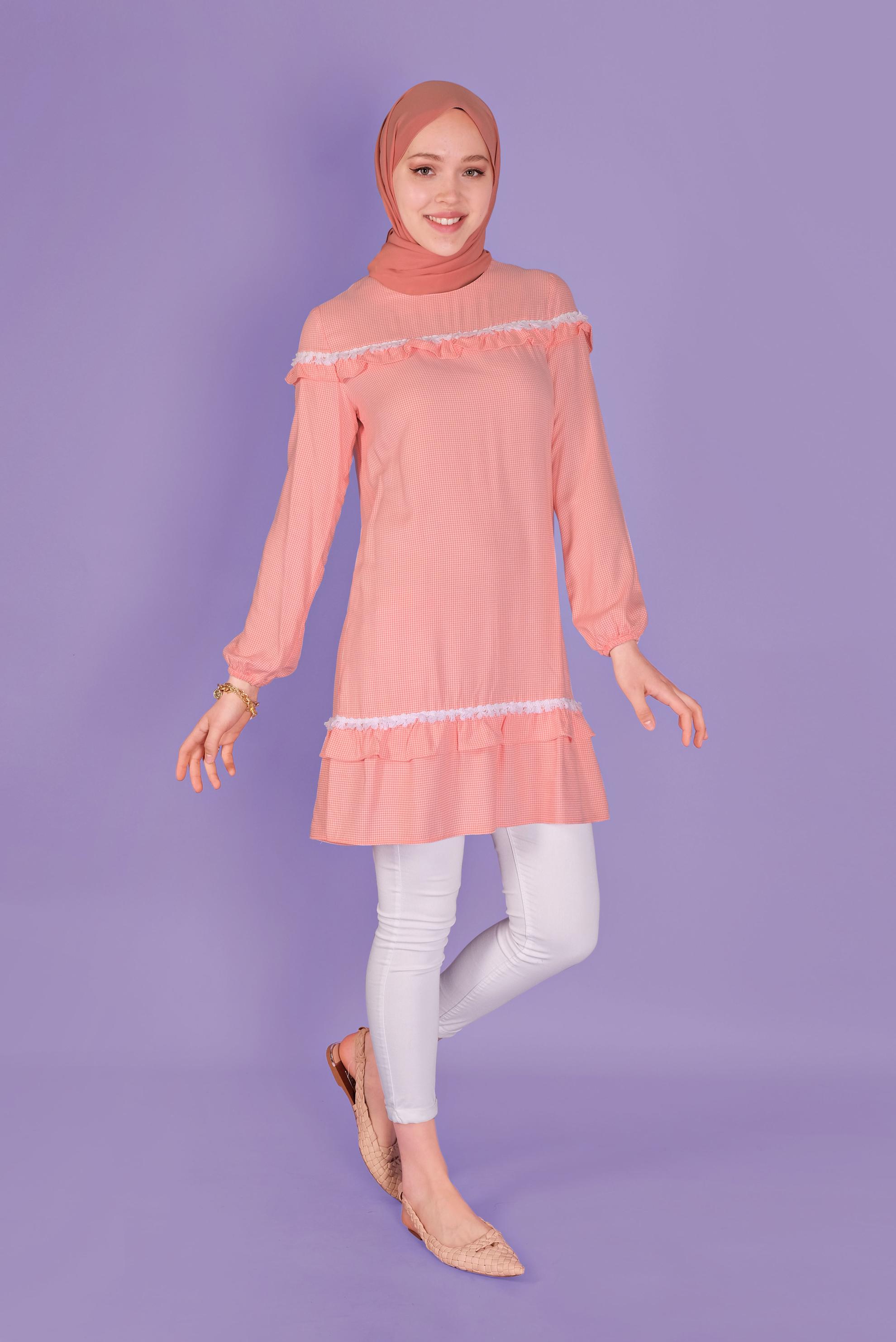 Tesettür giyim MERCAN FIRFIRLI KARELİ TUNİK 41447 