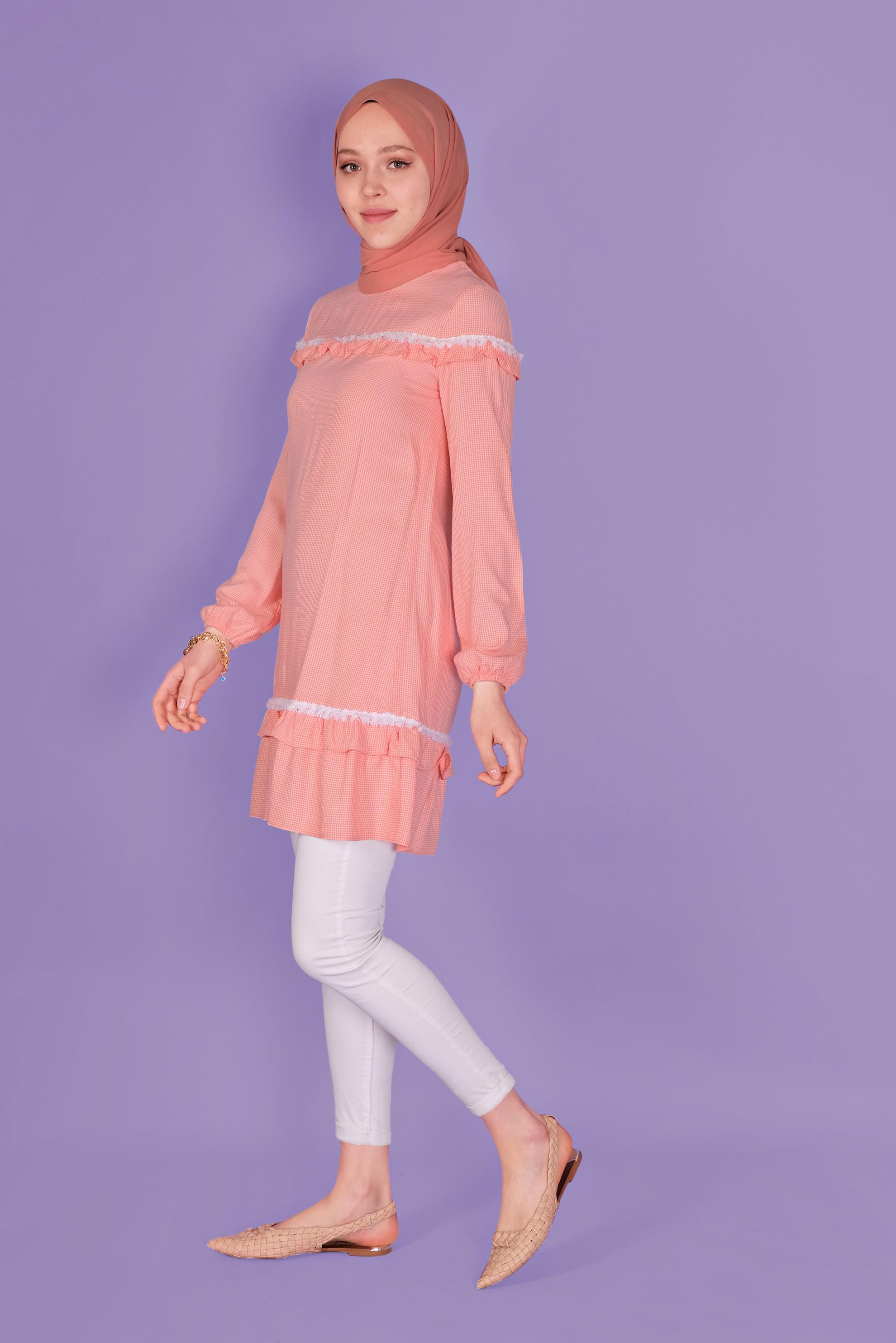 Tesettür giyim MERCAN FIRFIRLI KARELİ TUNİK 41447 