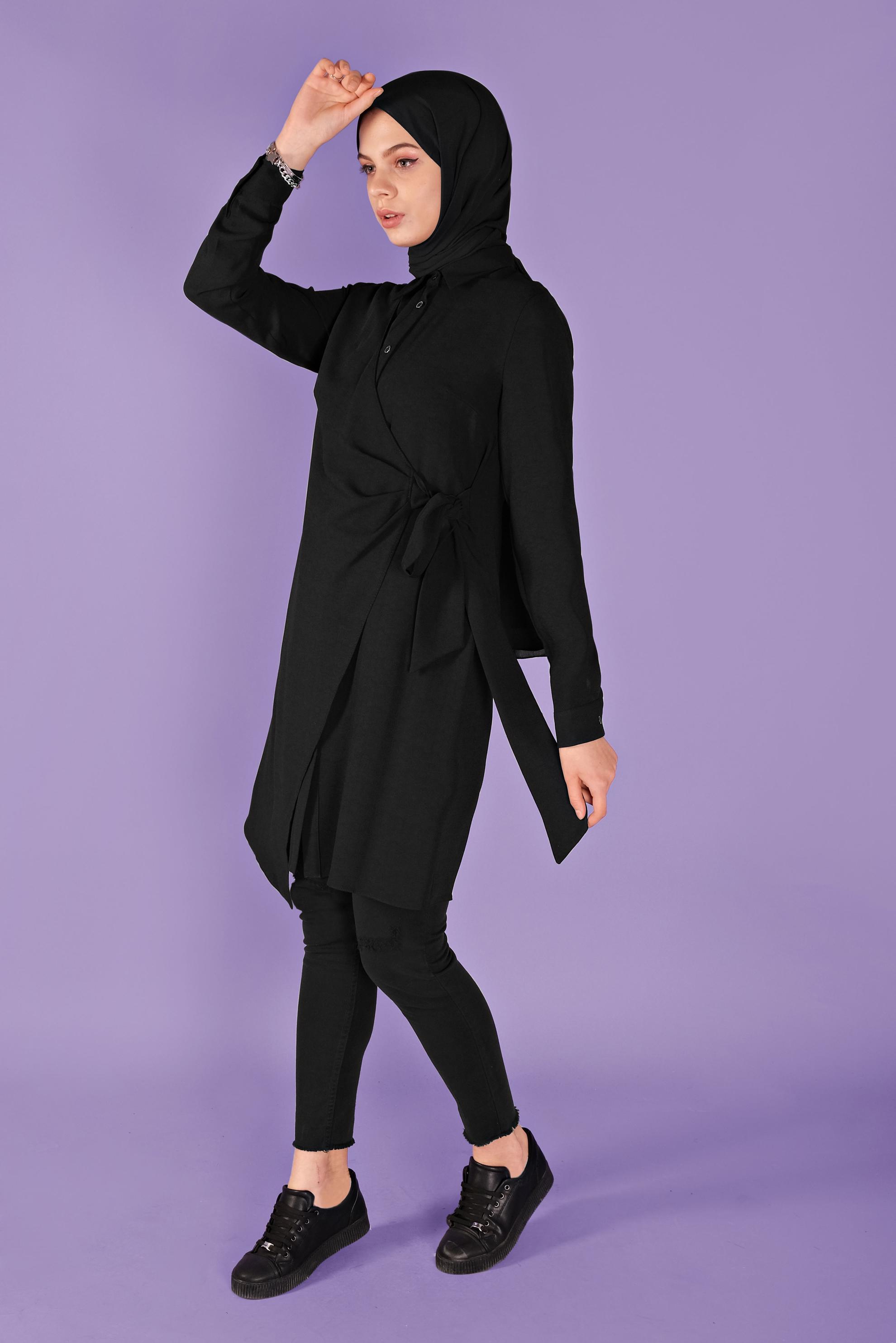 Tesettür giyim SİYAH YANDAN PARÇA BAĞLAMALI DÜĞMELİ TUNİK 41462