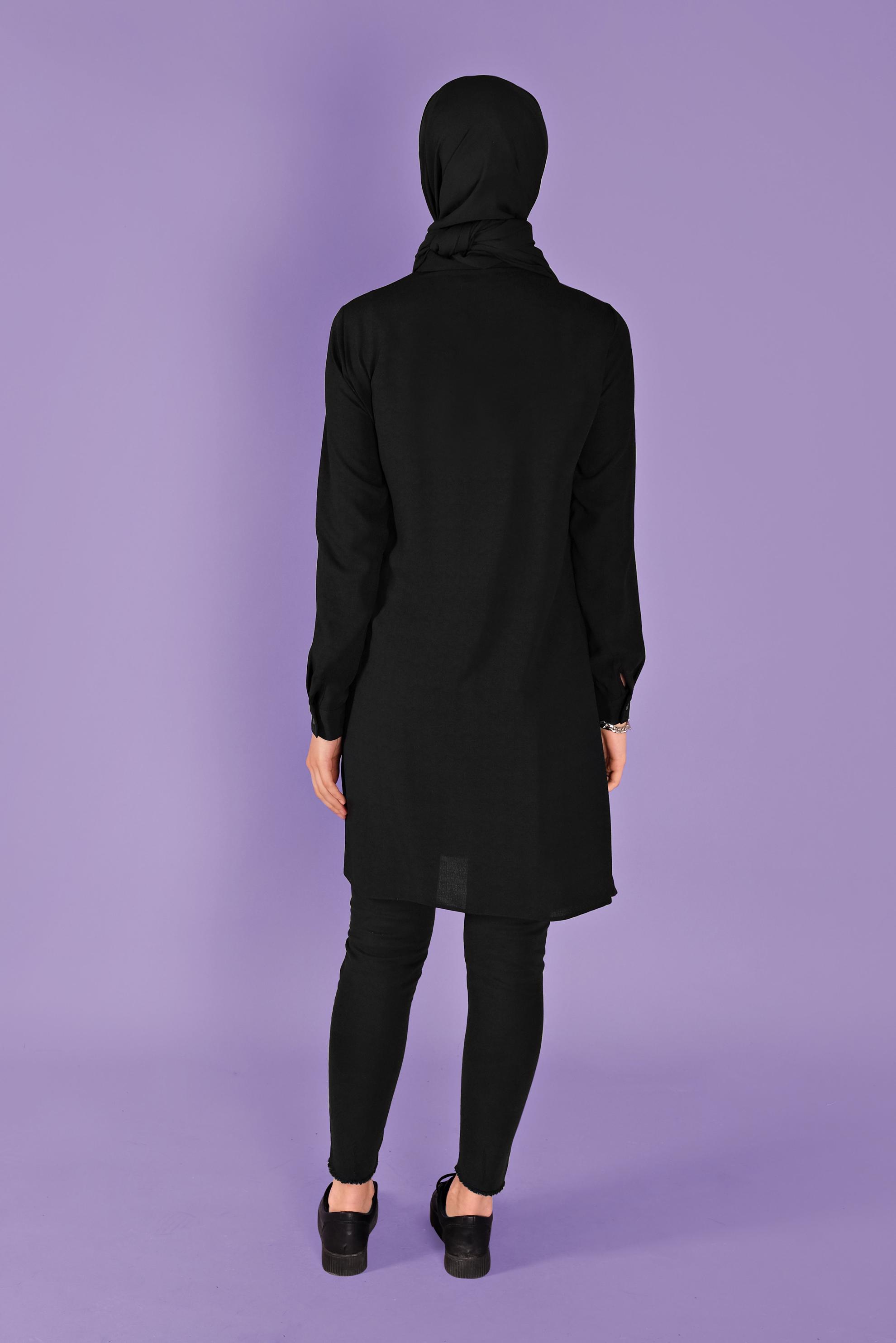 Tesettür giyim SİYAH YANDAN PARÇA BAĞLAMALI DÜĞMELİ TUNİK 41462