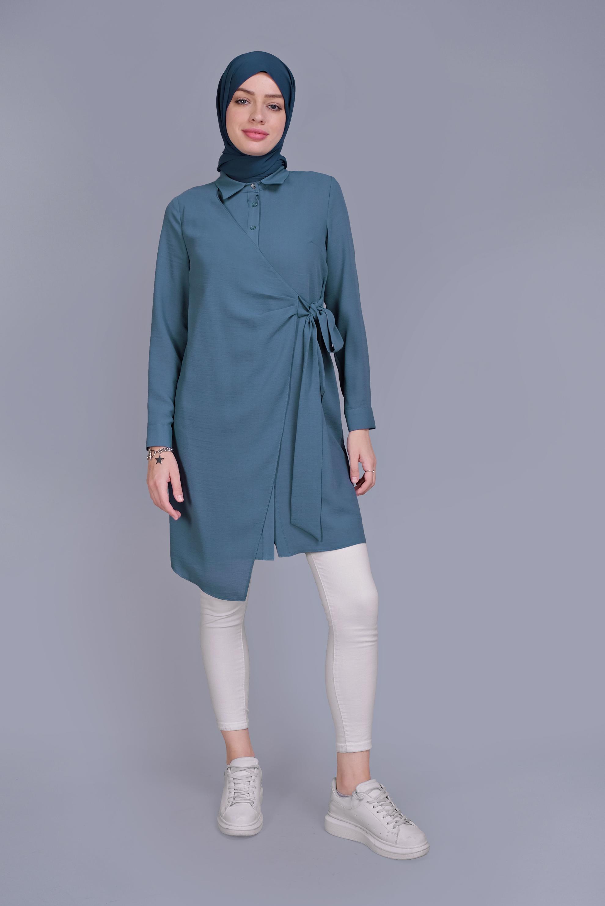Tesettür giyim MAVİ YANDAN PARÇA BAĞLAMALI DÜĞMELİ TUNİK 41462