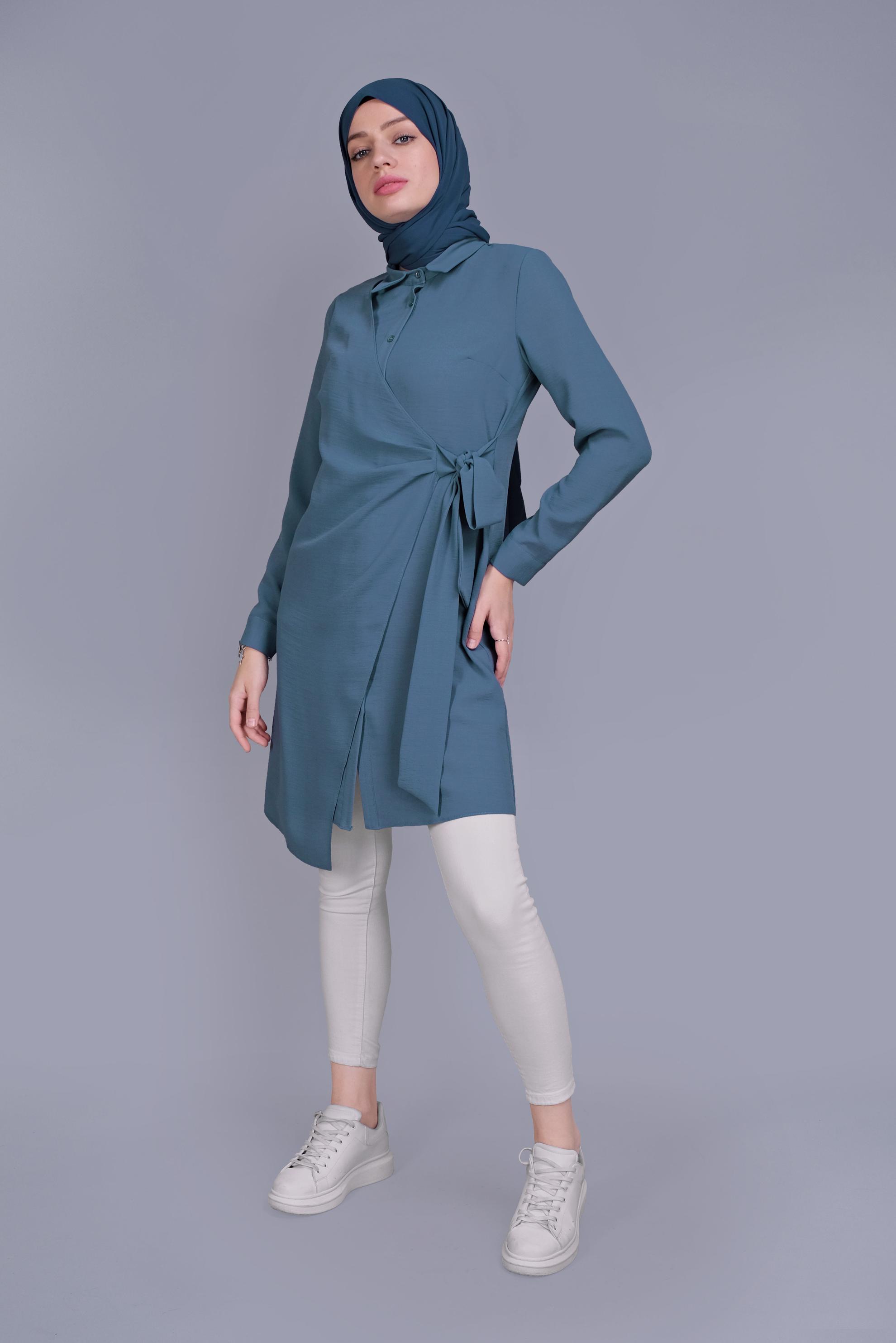 Tesettür giyim MAVİ YANDAN PARÇA BAĞLAMALI DÜĞMELİ TUNİK 41462