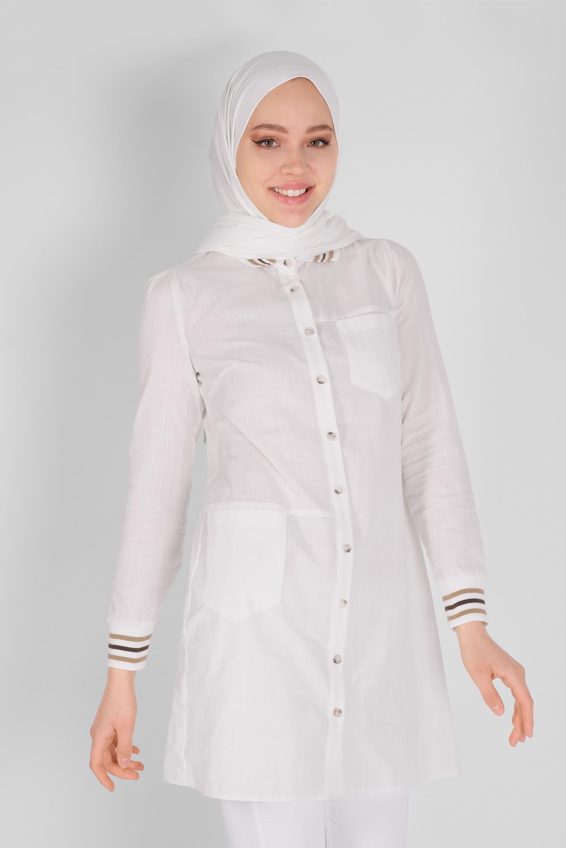 Tesettür giyim BEYAZ PAMUKLU DÜĞMELİ CEPLİ TUNİK 41463 