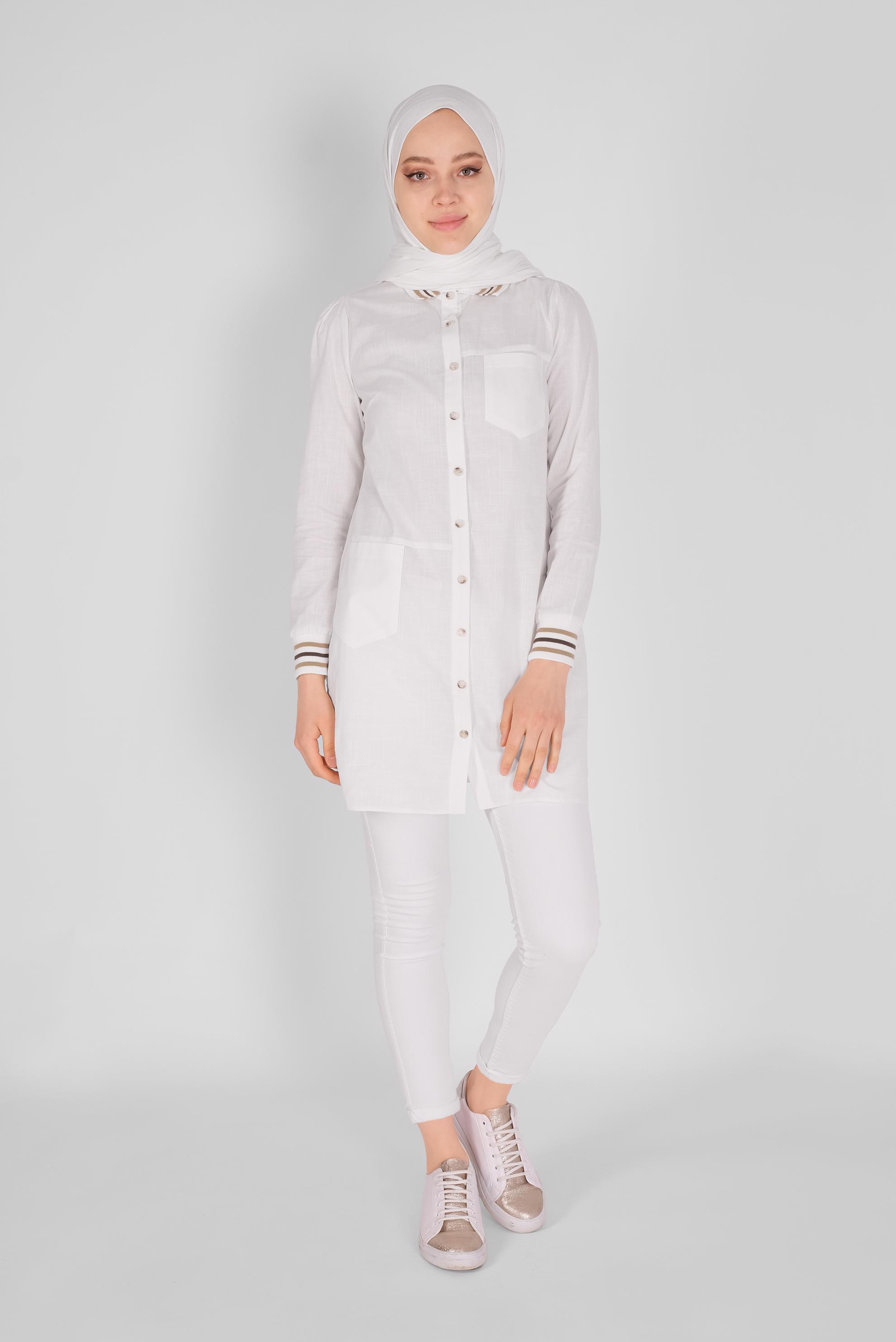 Tesettür giyim BEYAZ PAMUKLU DÜĞMELİ CEPLİ TUNİK 41463 