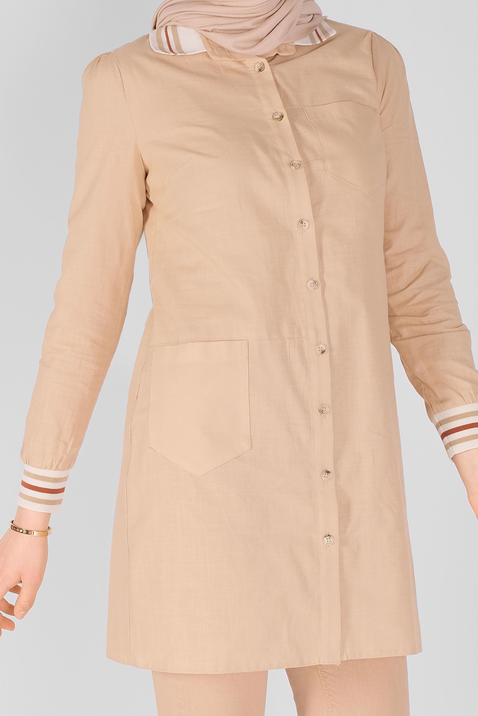 Tesettür giyim BEJ PAMUKLU DÜĞMELİ CEPLİ TUNİK 41463 