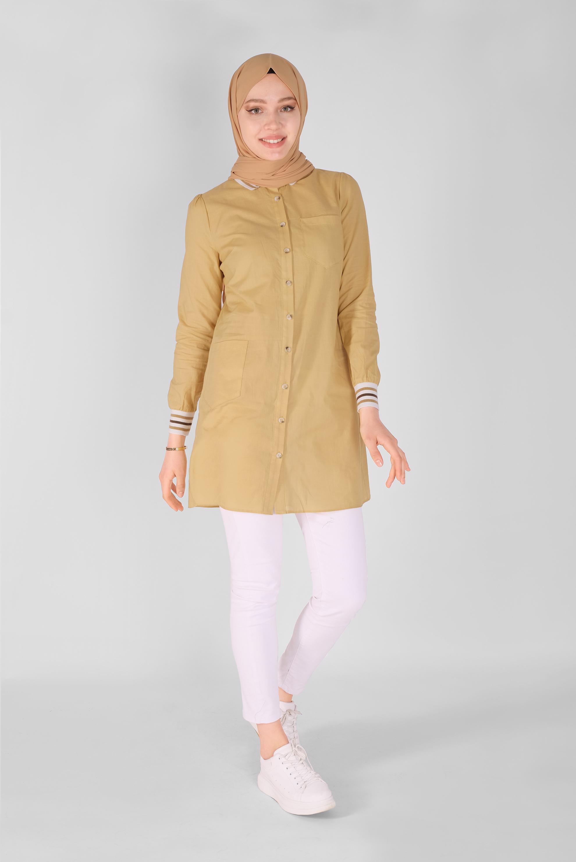 Tesettür giyim SARI PAMUKLU DÜĞMELİ CEPLİ TUNİK 41463 