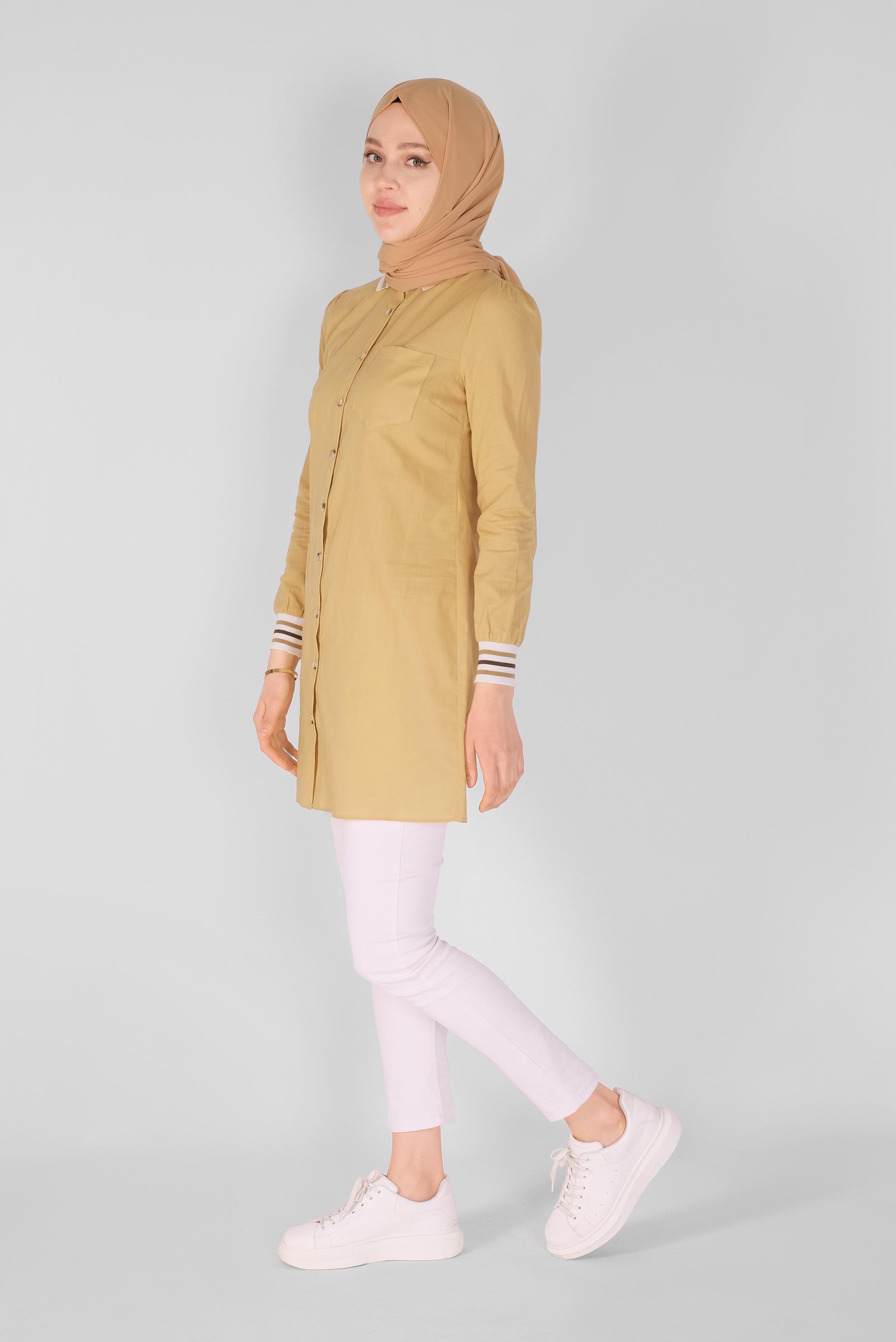 Tesettür giyim SARI PAMUKLU DÜĞMELİ CEPLİ TUNİK 41463 