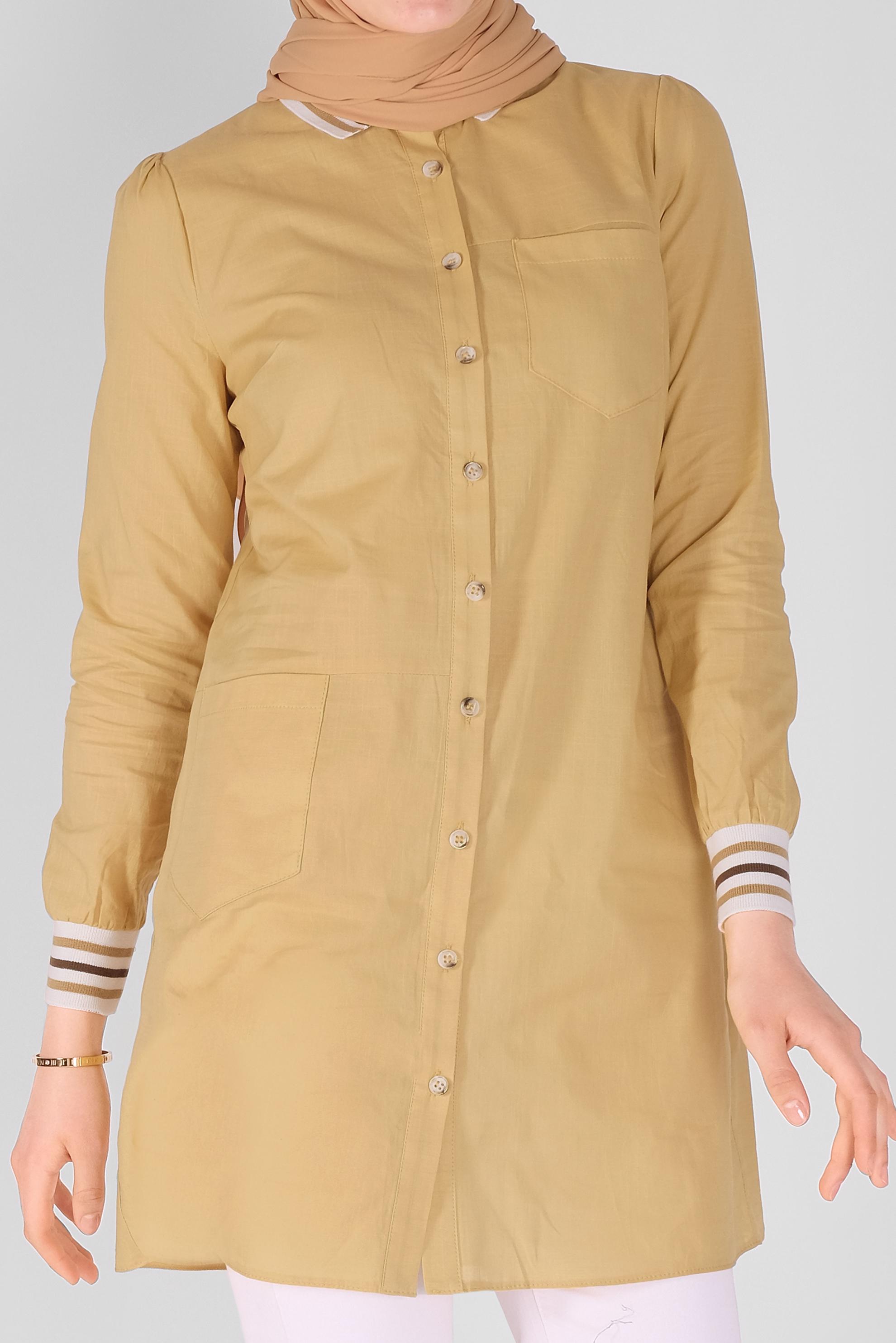 Tesettür giyim SARI PAMUKLU DÜĞMELİ CEPLİ TUNİK 41463 