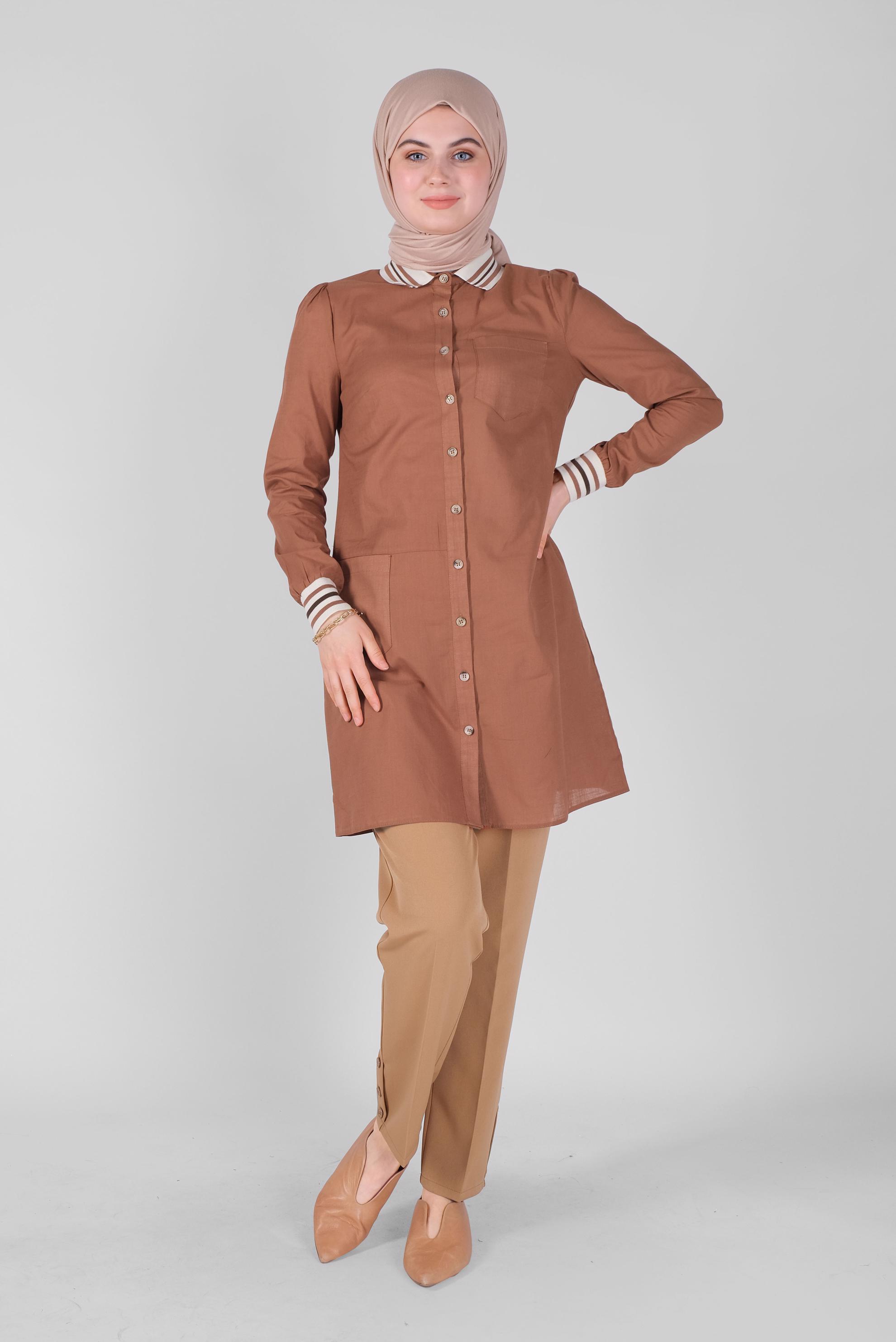 Tesettür giyim TABA PAMUKLU DÜĞMELİ CEPLİ TUNİK 41463 