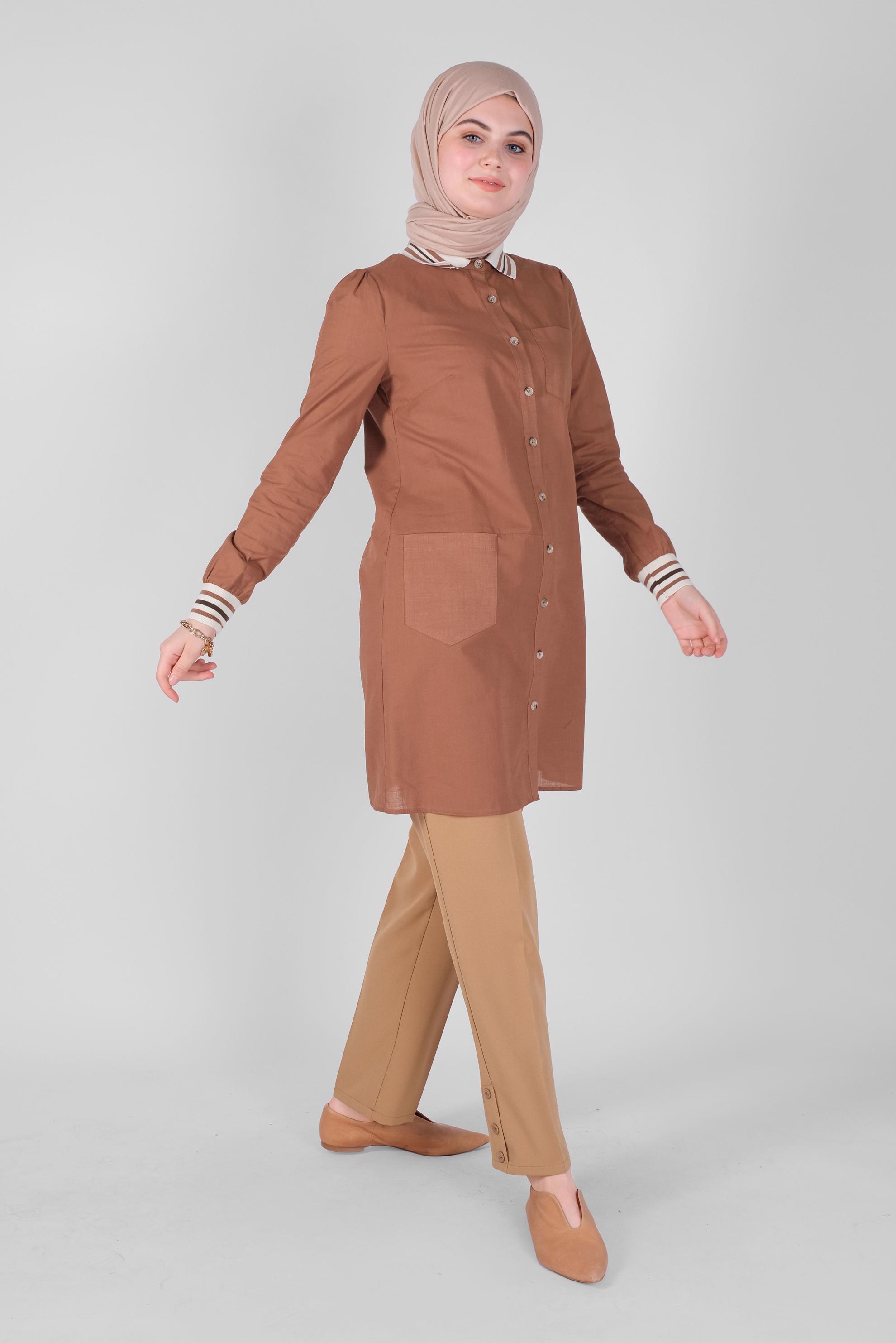 Tesettür giyim TABA PAMUKLU DÜĞMELİ CEPLİ TUNİK 41463 