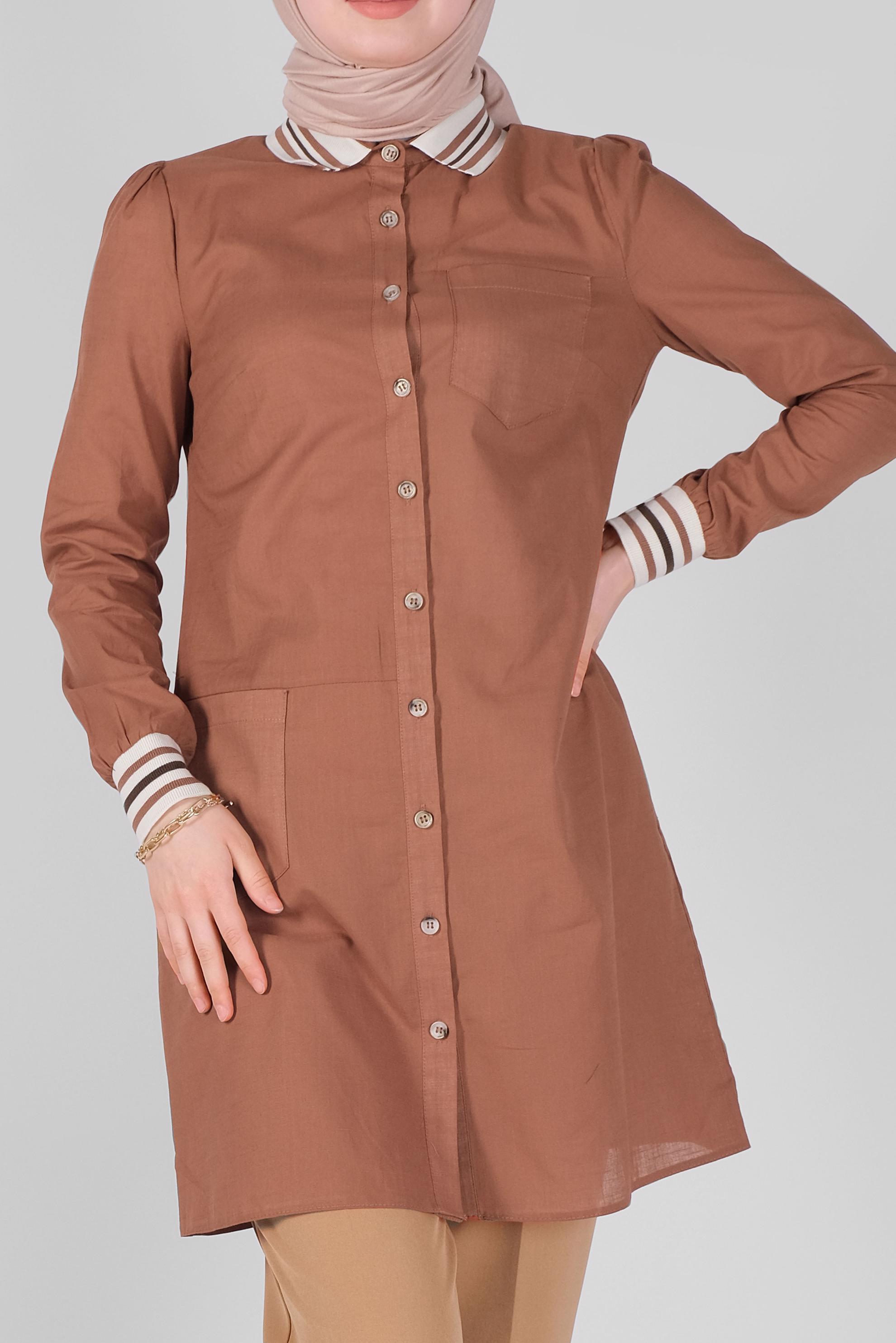 Tesettür giyim TABA PAMUKLU DÜĞMELİ CEPLİ TUNİK 41463 