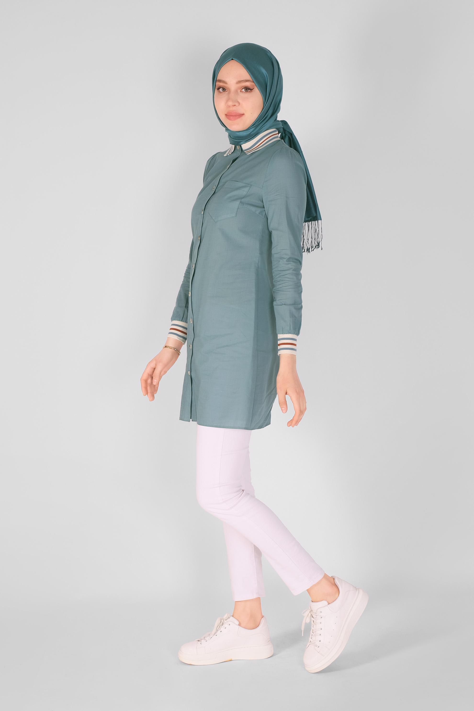 Tesettür giyim MAVİ PAMUKLU DÜĞMELİ CEPLİ TUNİK 41463 