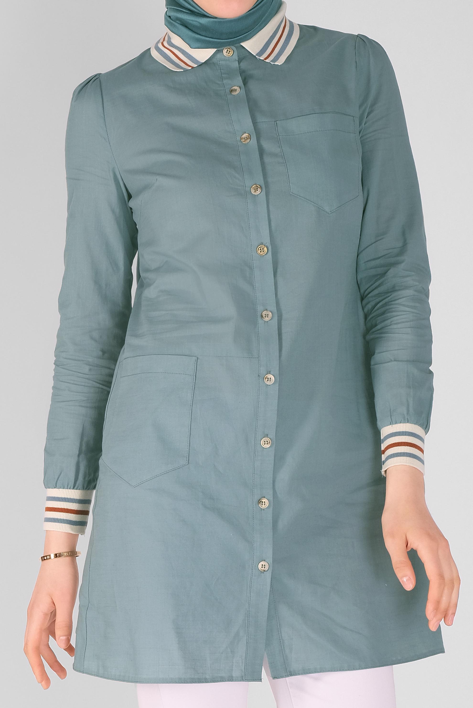 Tesettür giyim MAVİ PAMUKLU DÜĞMELİ CEPLİ TUNİK 41463 