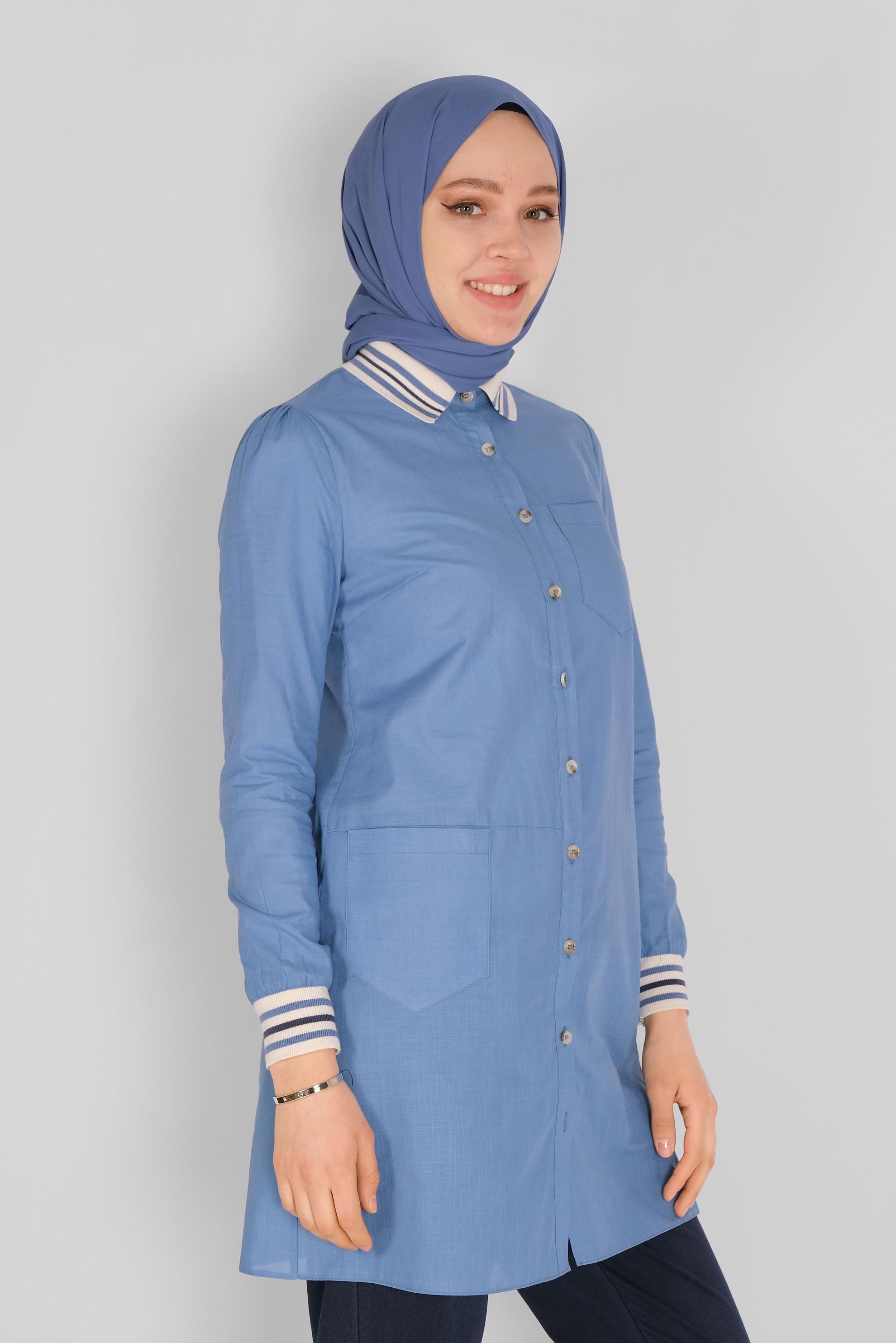 Tesettür giyim MAVİ PAMUKLU DÜĞMELİ CEPLİ TUNİK 41463 