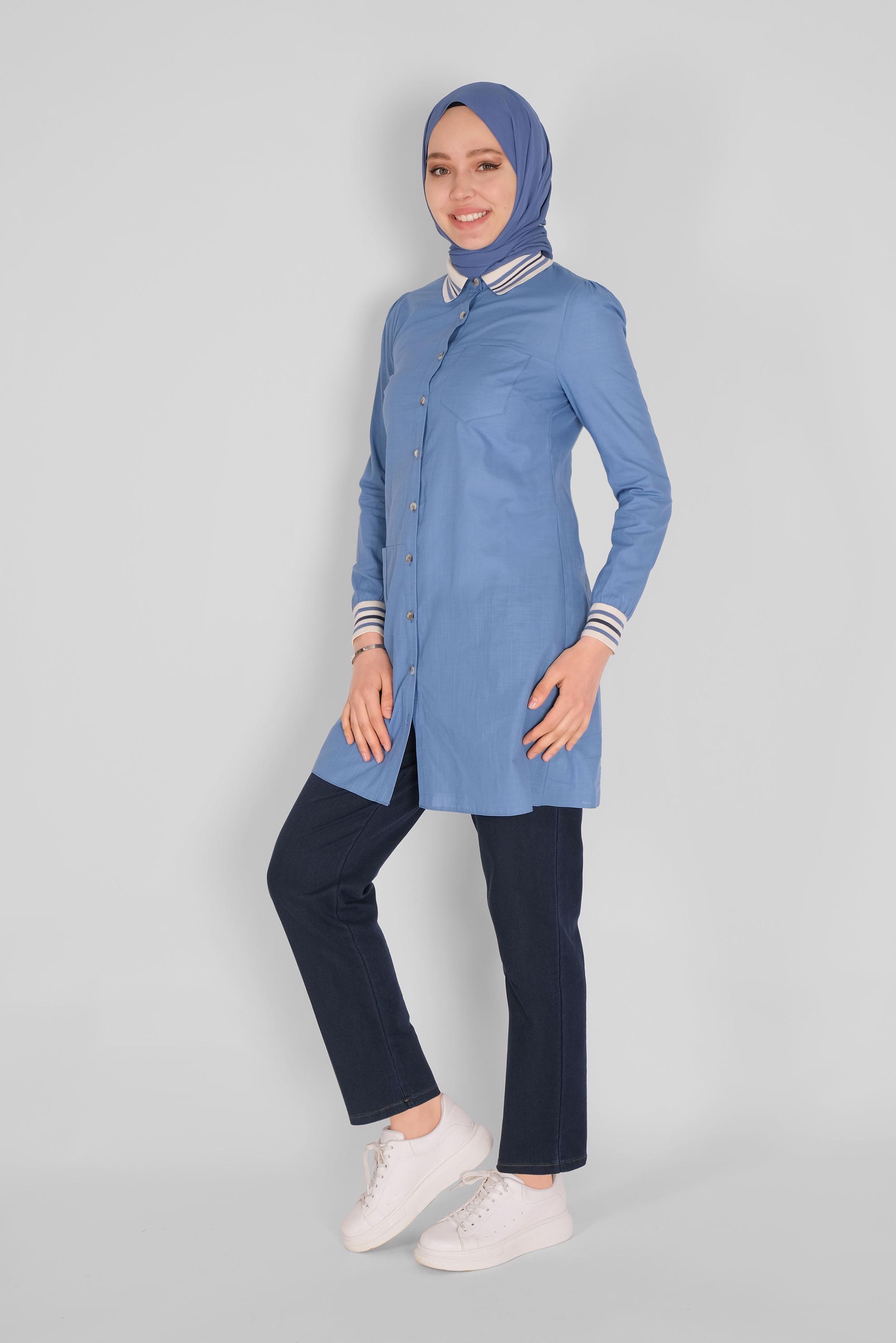 Tesettür giyim MAVİ PAMUKLU DÜĞMELİ CEPLİ TUNİK 41463 