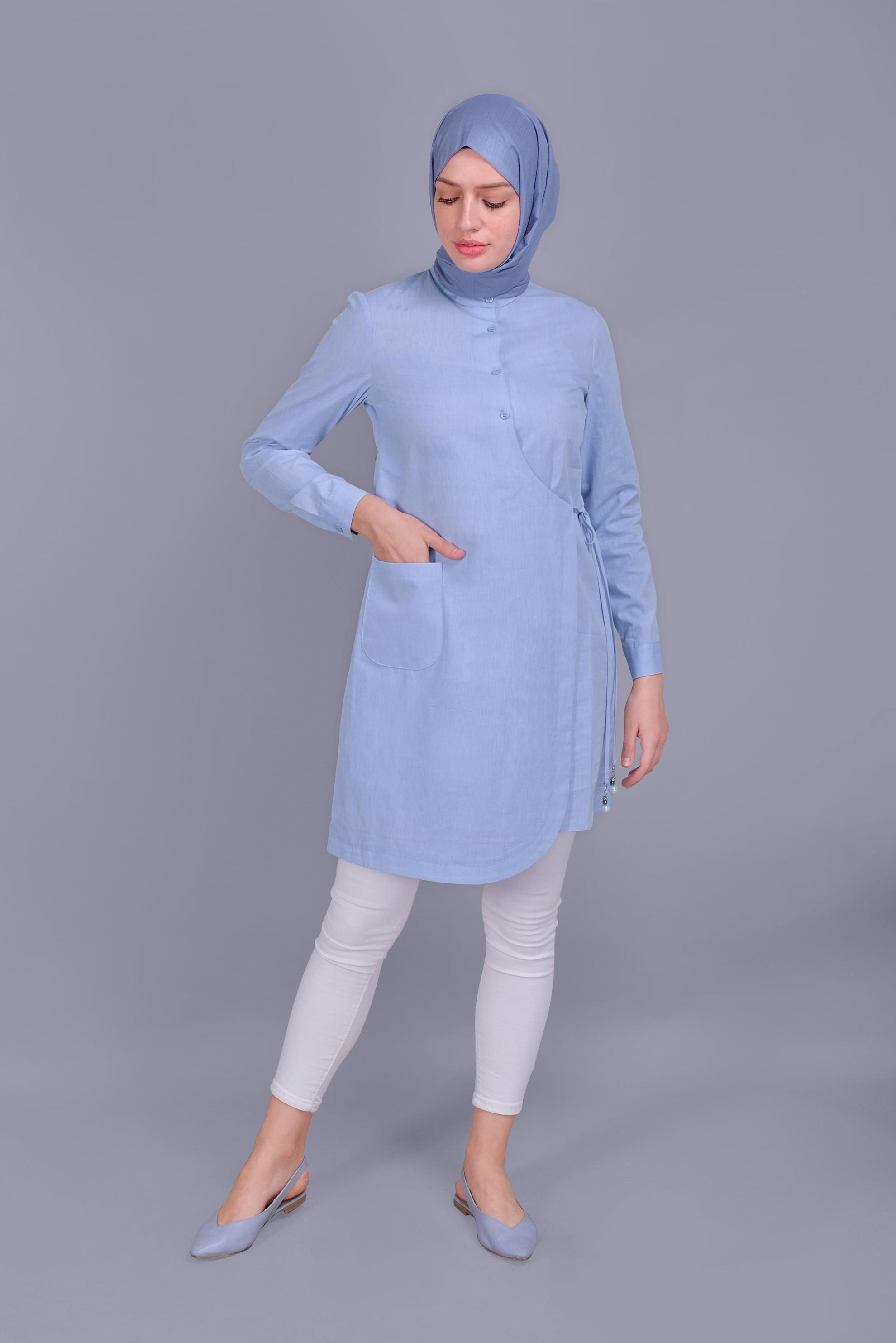 Tesettür giyim MAVİ BAĞCIKLI DÜĞMELİ TUNİK 41464