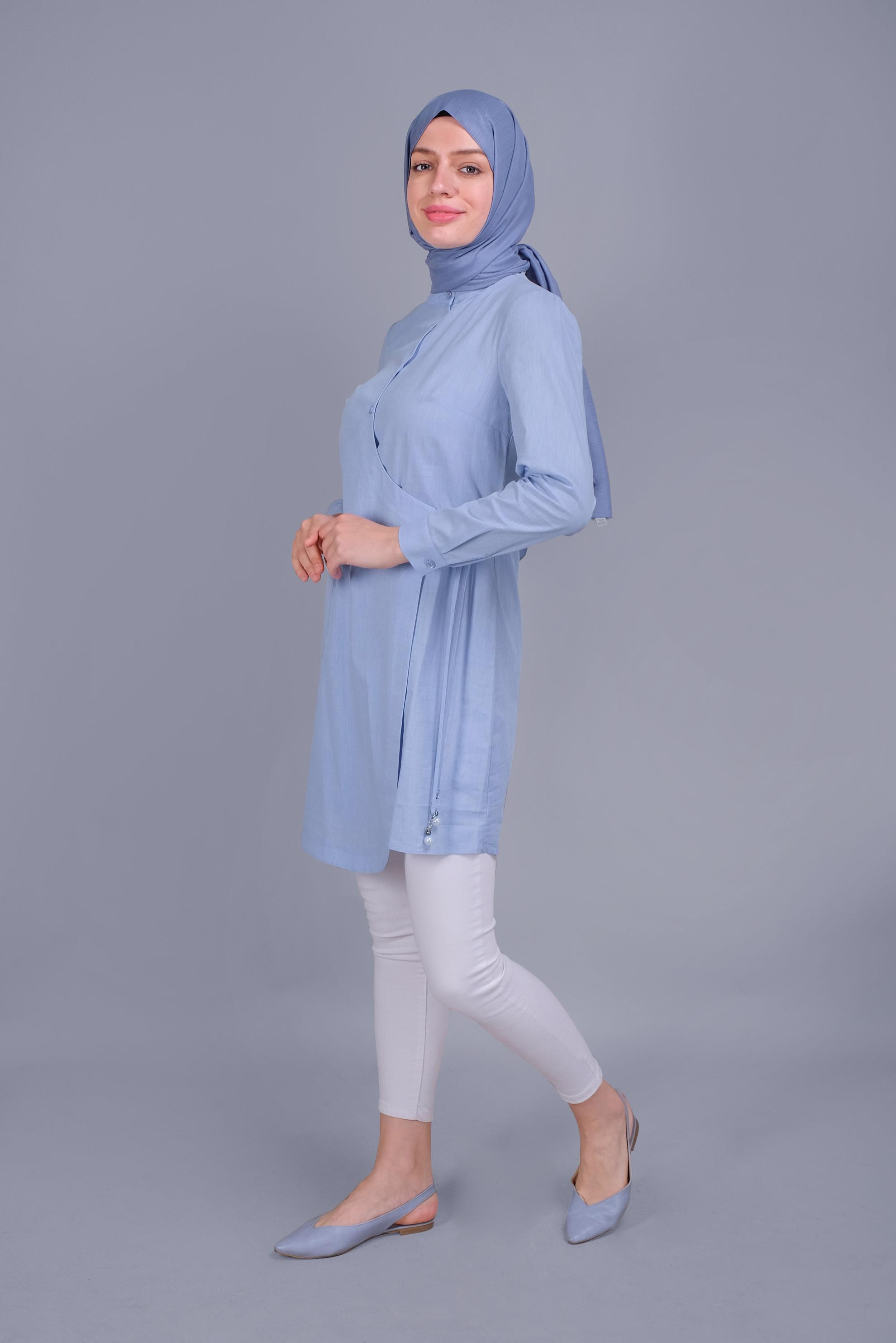 Tesettür giyim MAVİ BAĞCIKLI DÜĞMELİ TUNİK 41464