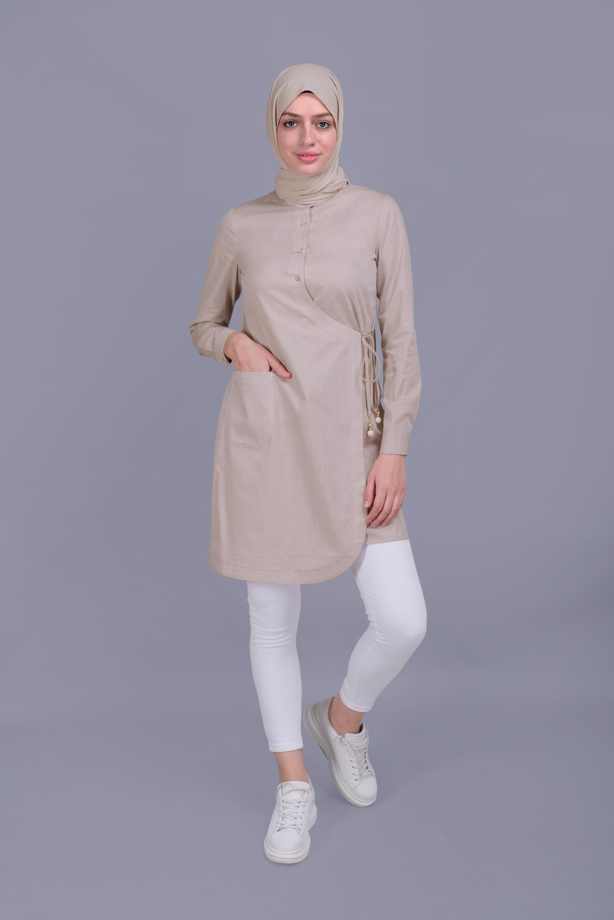 Tesettür giyim BEJ BAĞCIKLI DÜĞMELİ TUNİK 41464