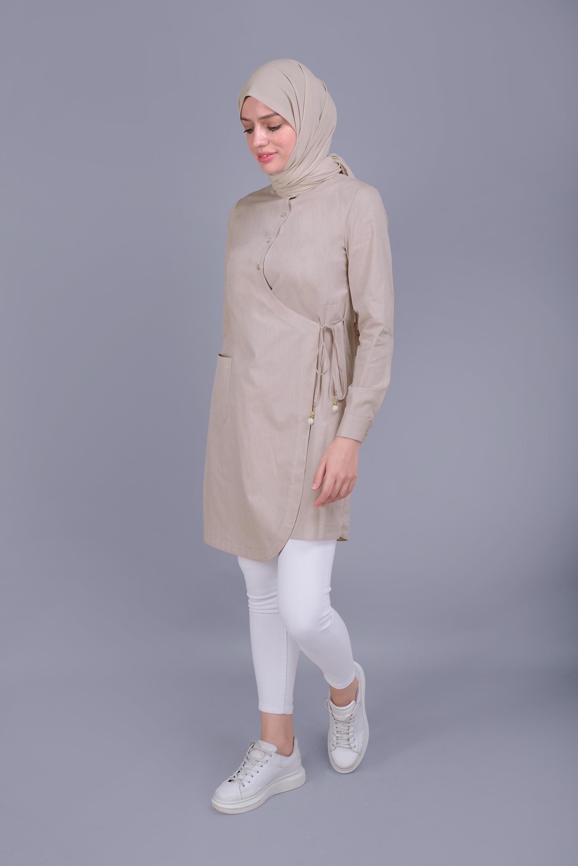 Tesettür giyim BEJ BAĞCIKLI DÜĞMELİ TUNİK 41464