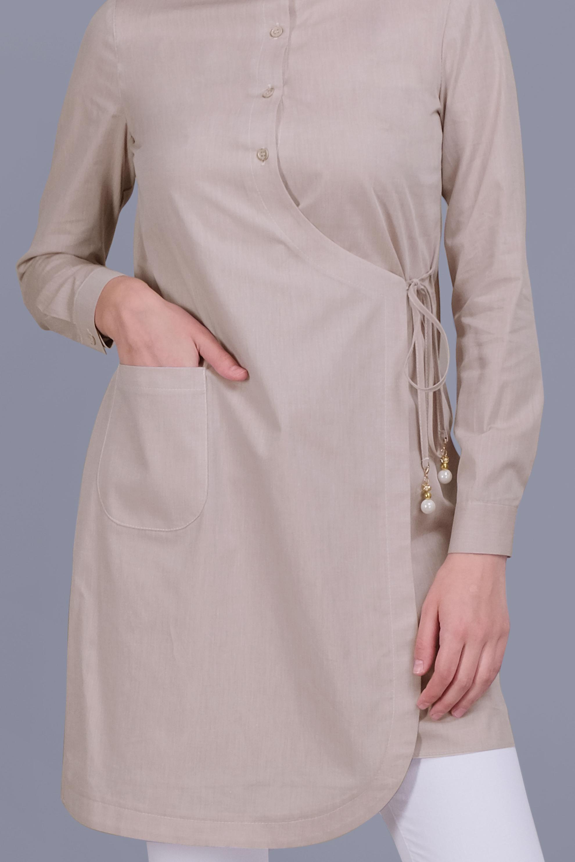 Tesettür giyim BEJ BAĞCIKLI DÜĞMELİ TUNİK 41464