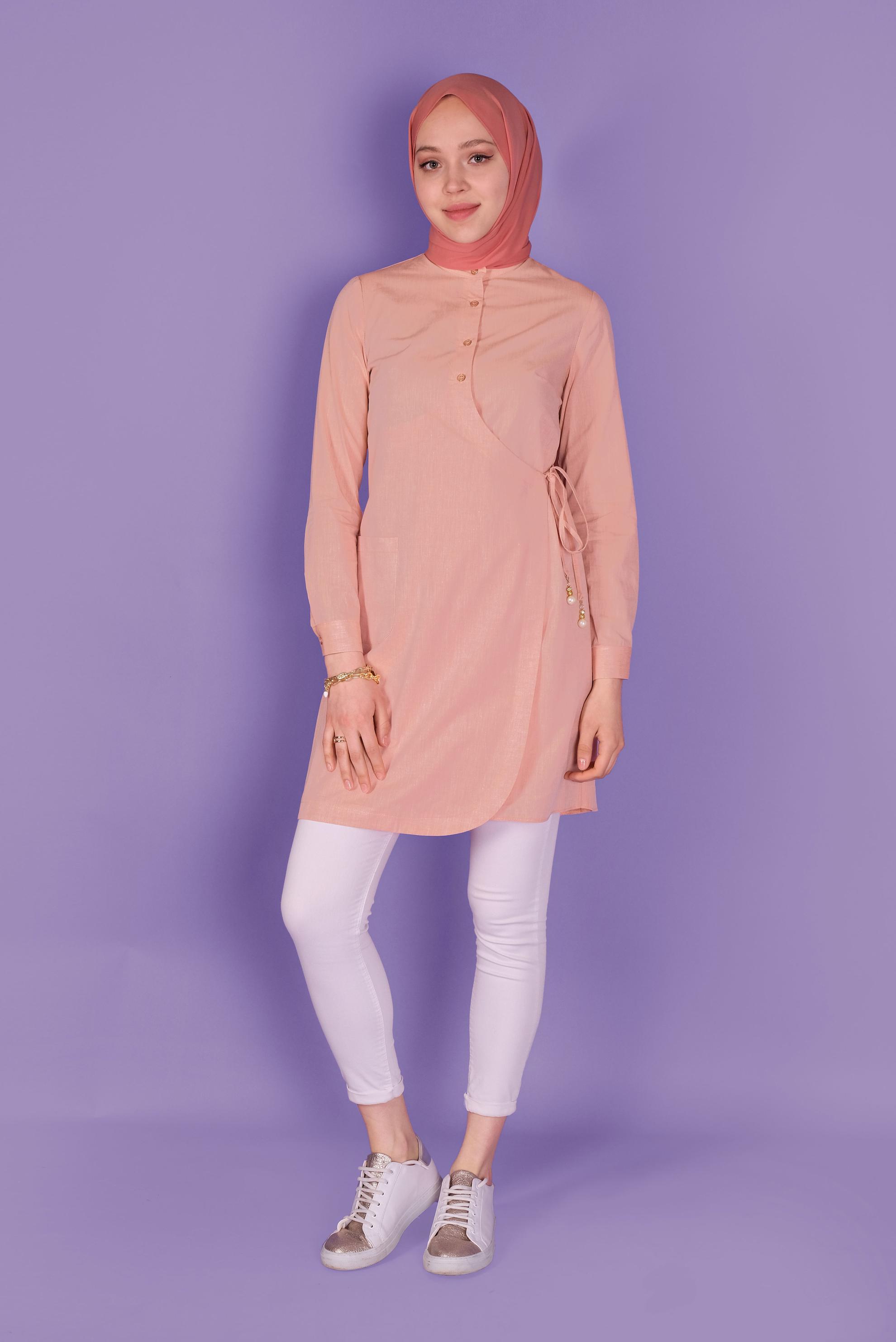 Tesettür giyim TURUNCU BAĞCIKLI DÜĞMELİ TUNİK 41464