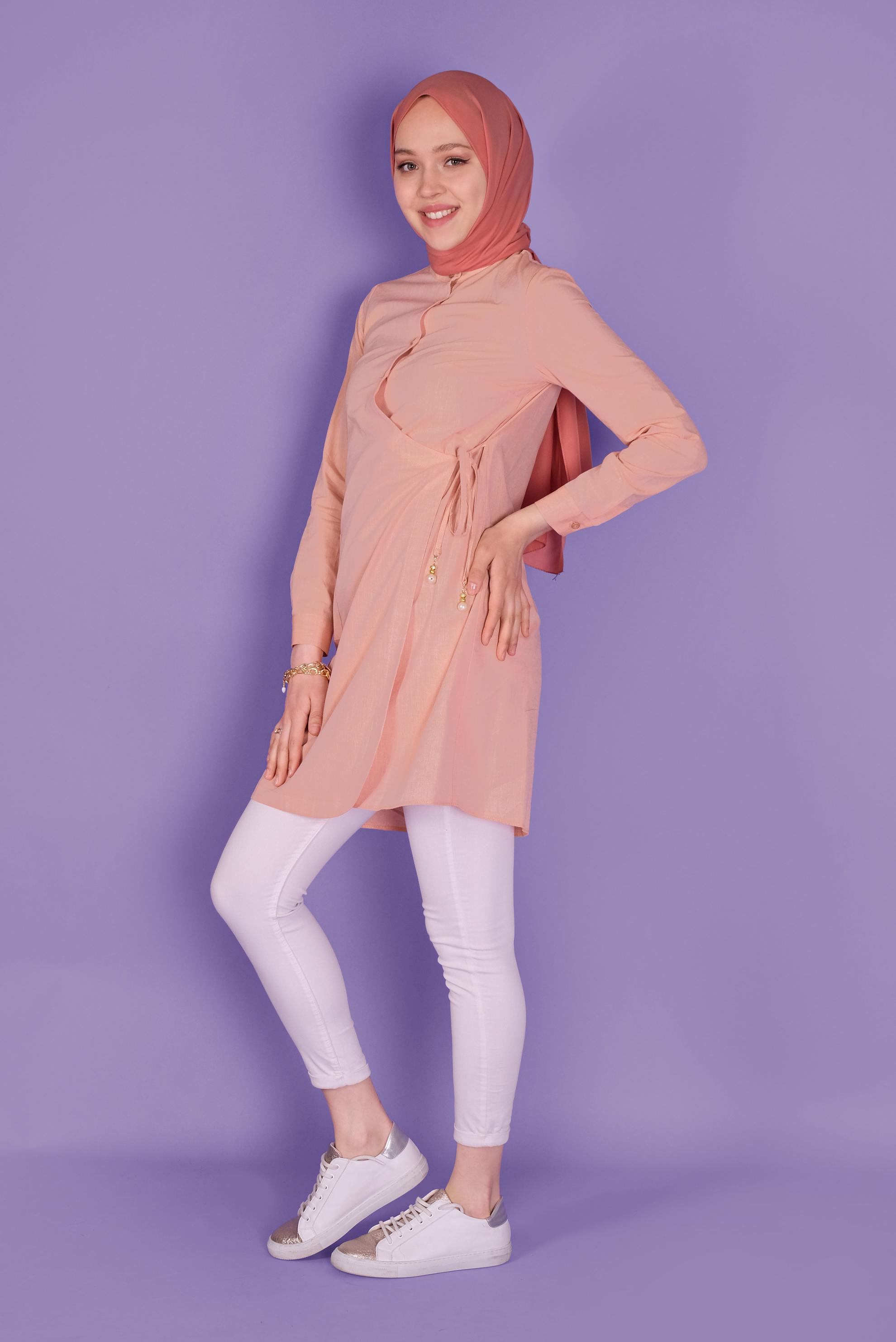 Tesettür giyim TURUNCU BAĞCIKLI DÜĞMELİ TUNİK 41464