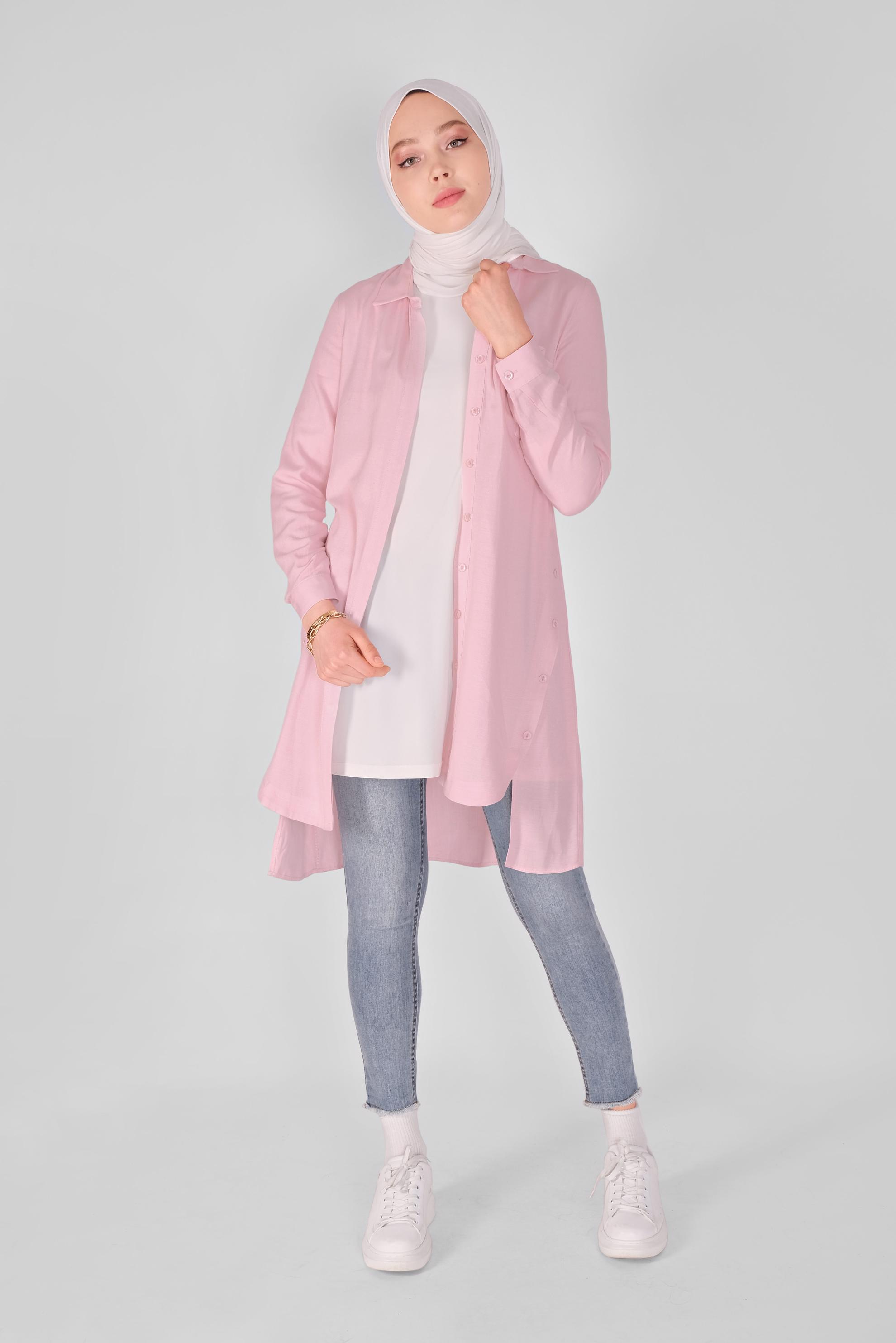 Tesettür giyim PEMBE NAKIŞ VE DÜĞME DETAYLI TUNİK 41465