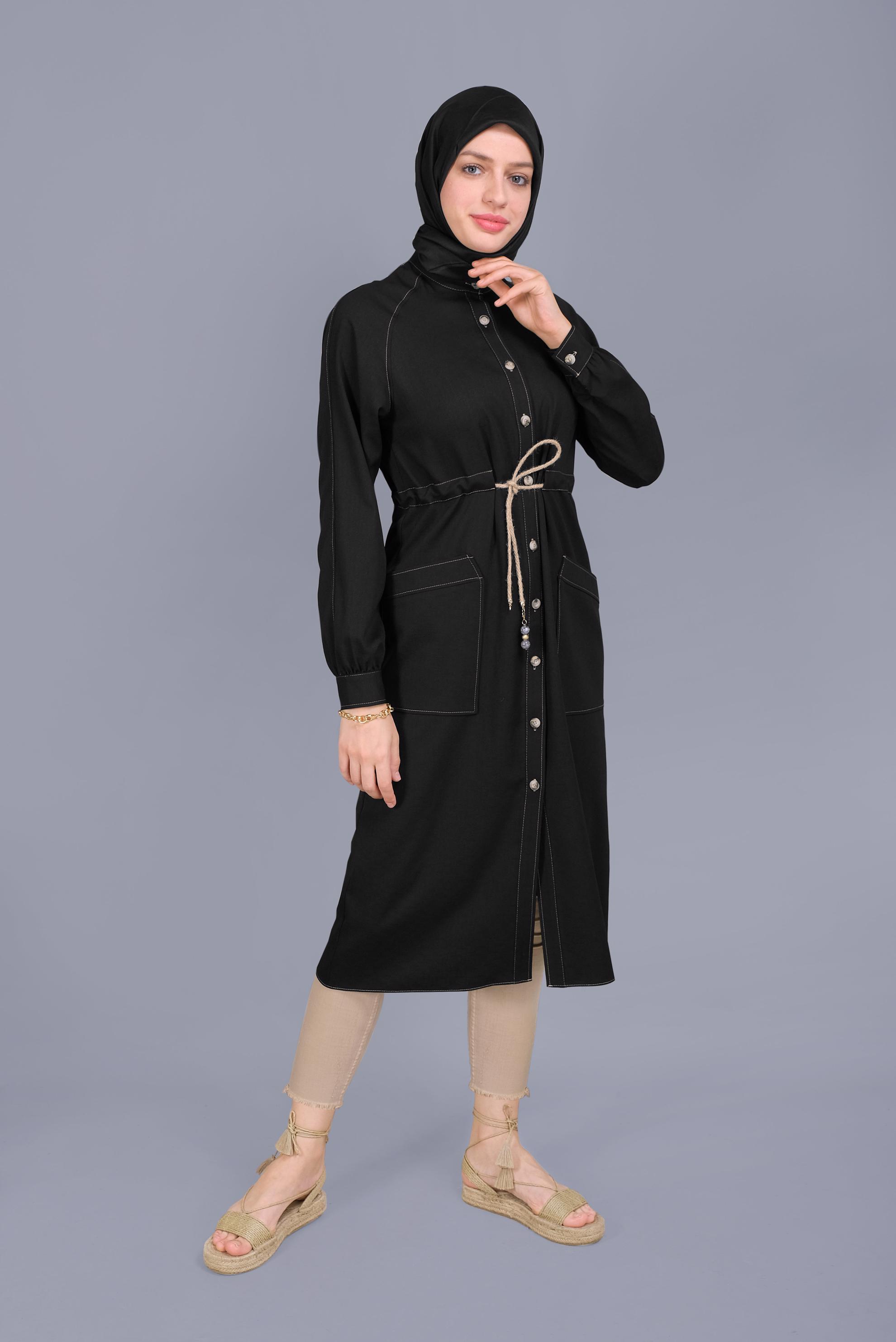 Tesettür giyim SİYAH HASIR KEMERLİ TUNİK 41485 