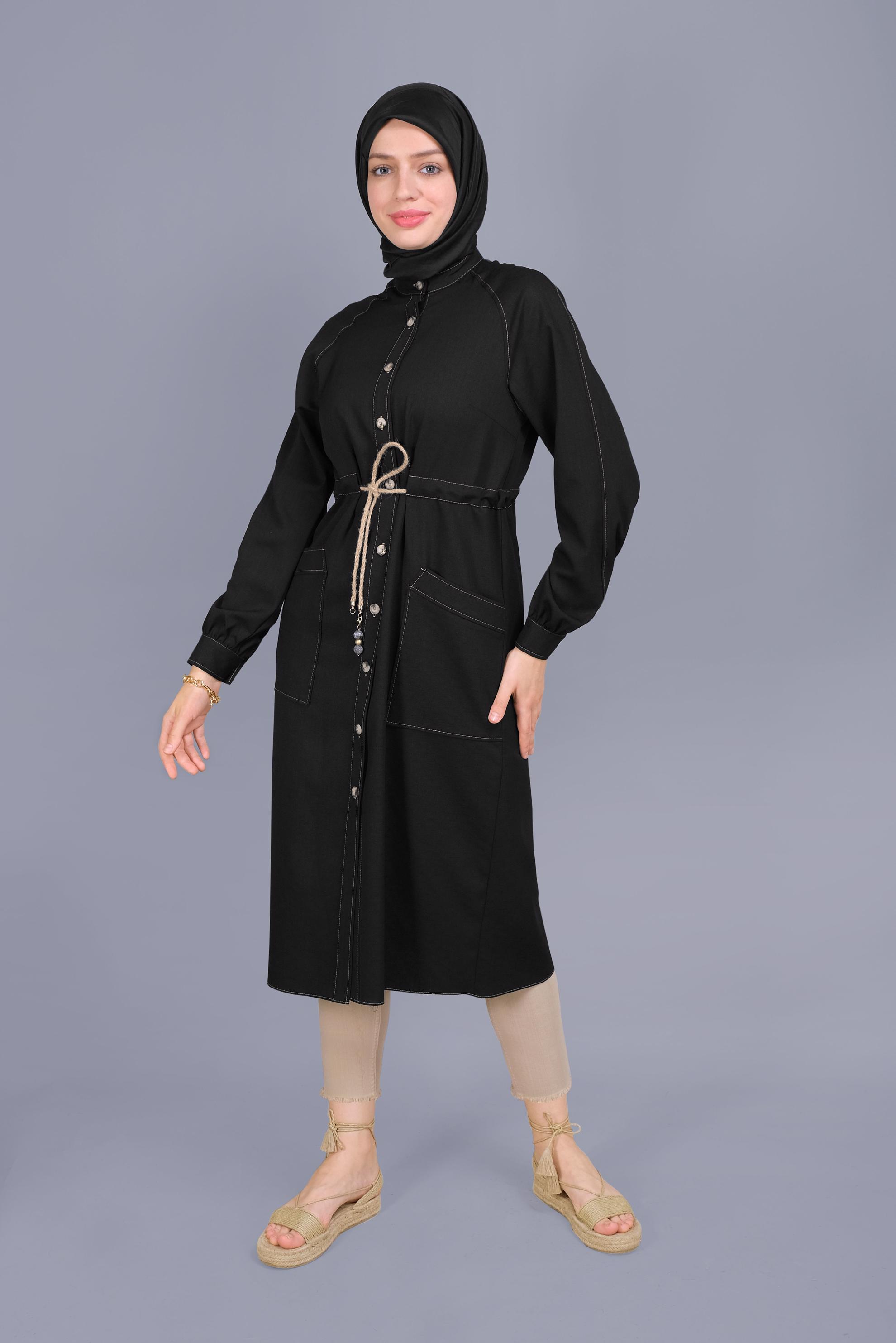 Tesettür giyim SİYAH HASIR KEMERLİ TUNİK 41485 