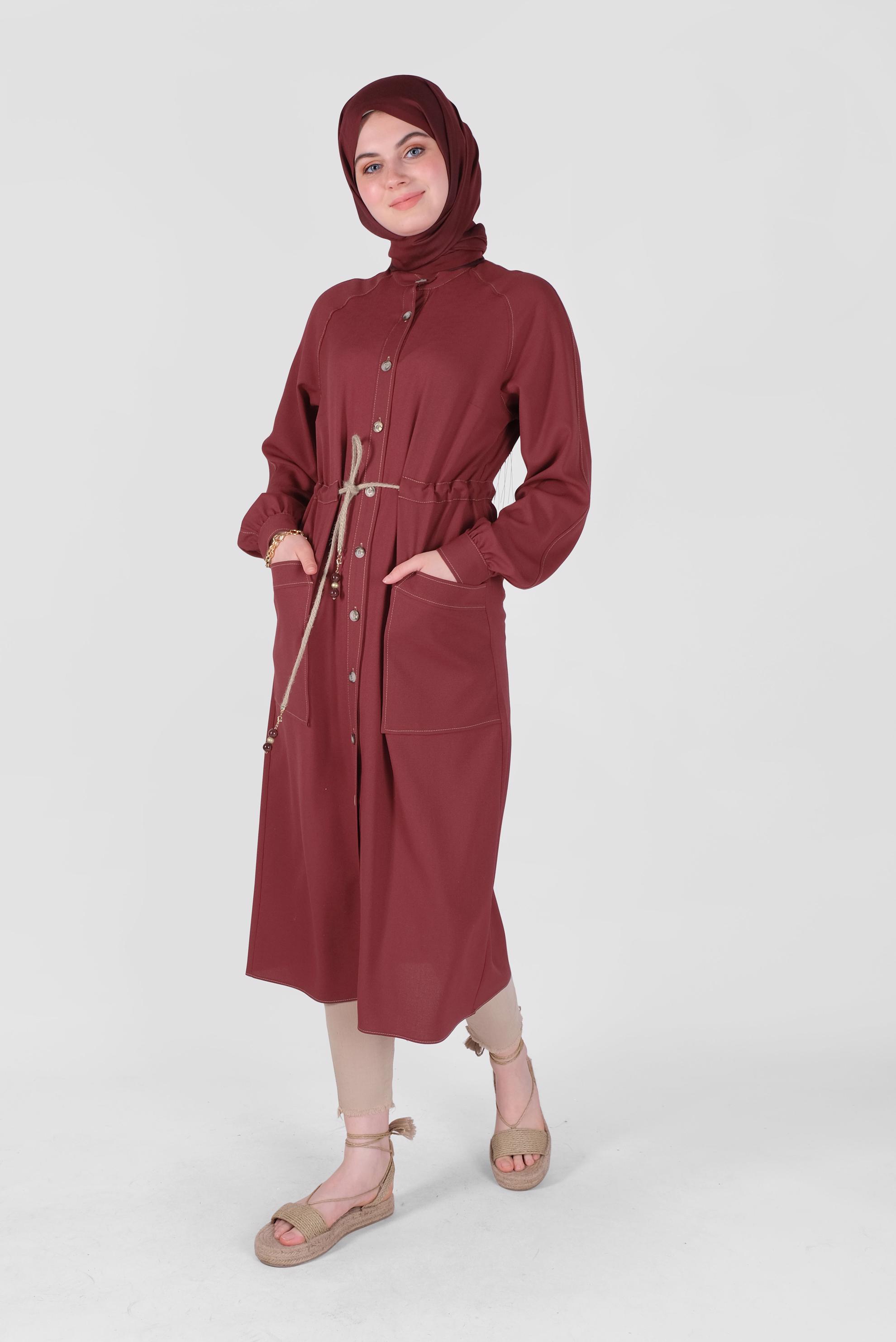 Tesettür giyim BORDO HASIR KEMERLİ TUNİK 41485 