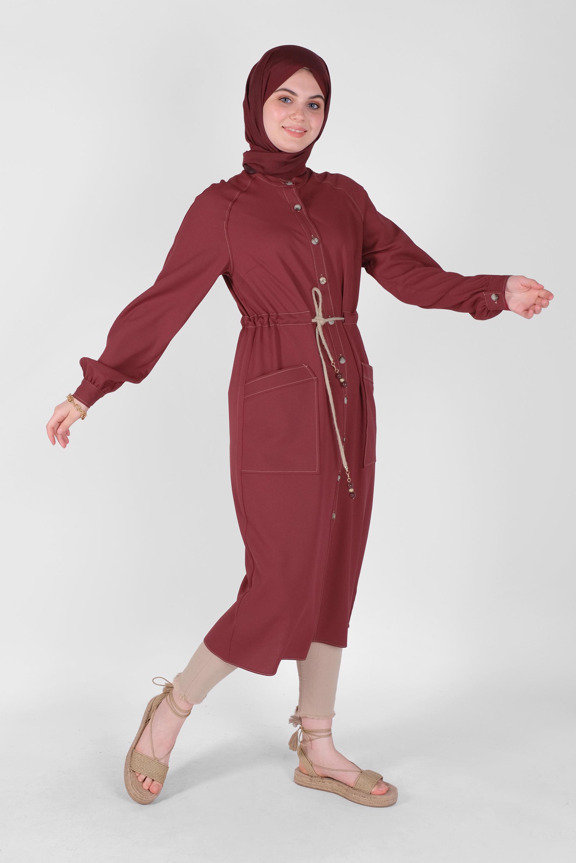 Tesettür giyim BORDO HASIR KEMERLİ TUNİK 41485 