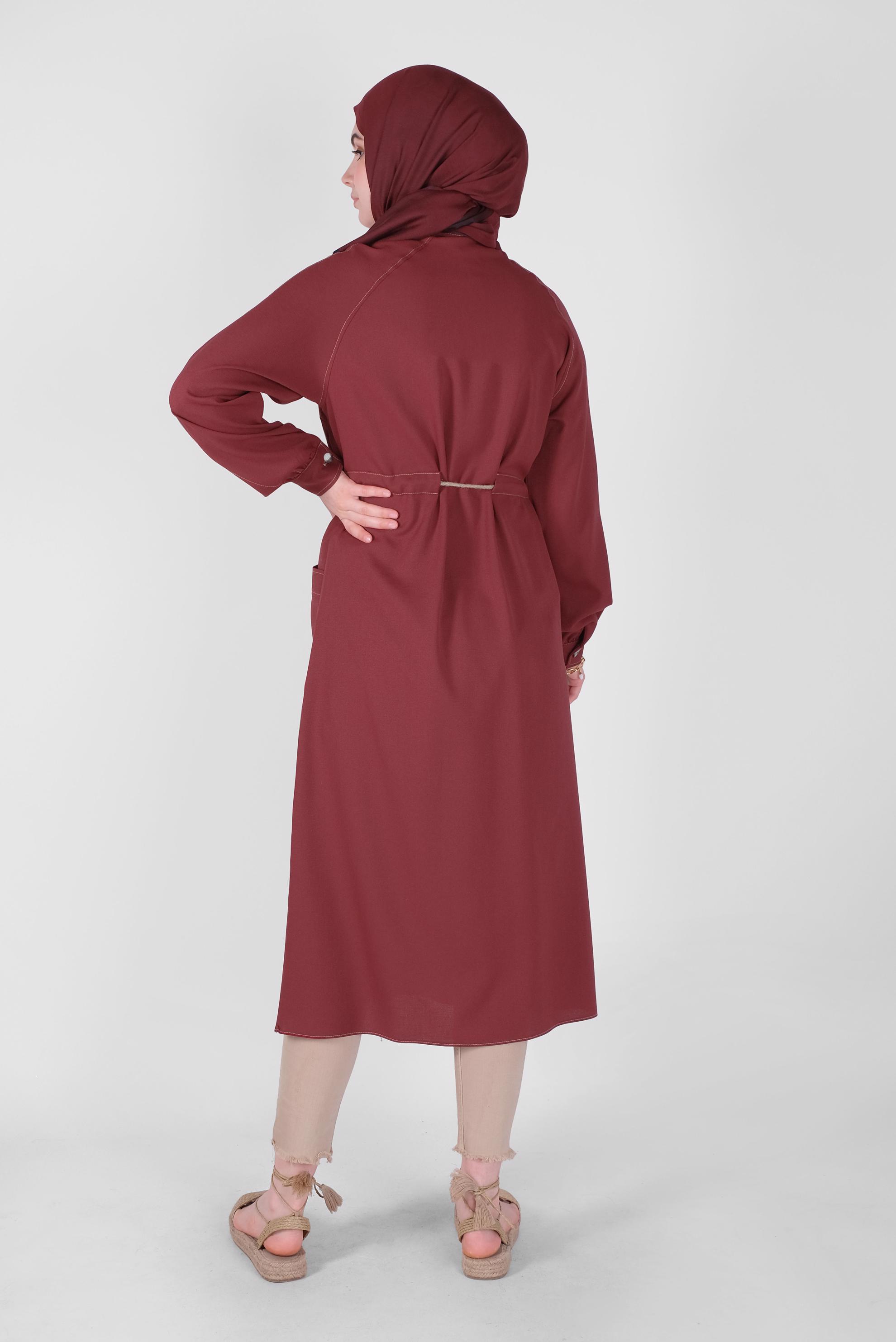 Tesettür giyim BORDO HASIR KEMERLİ TUNİK 41485 