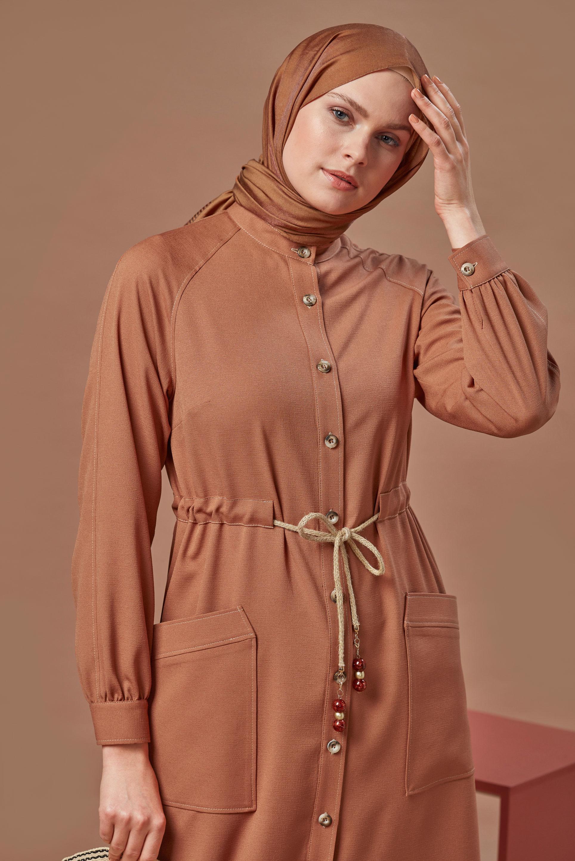 Tesettür giyim TURUNCU HASIR KEMERLİ TUNİK 41485 