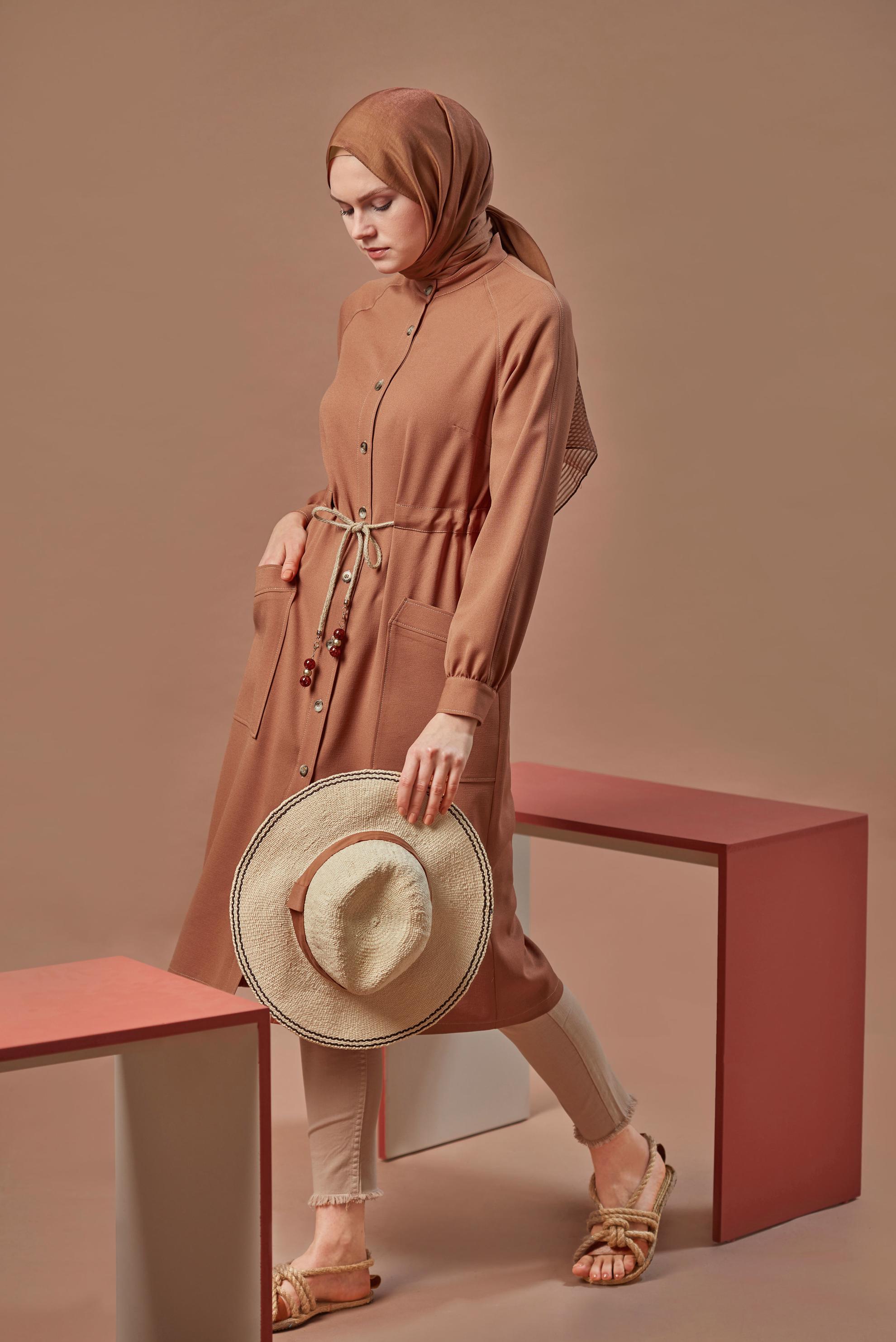 Tesettür giyim TURUNCU HASIR KEMERLİ TUNİK 41485 