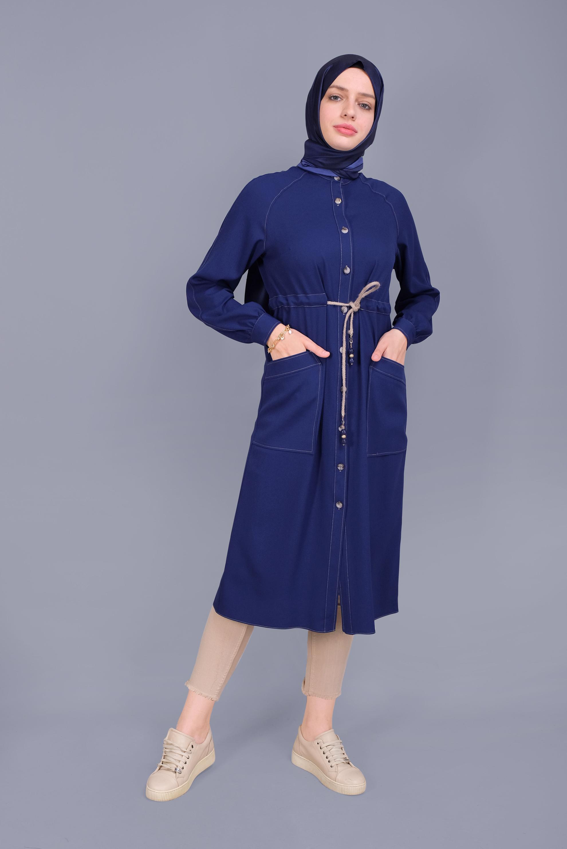Tesettür giyim LACİVERT HASIR KEMERLİ TUNİK 41485 
