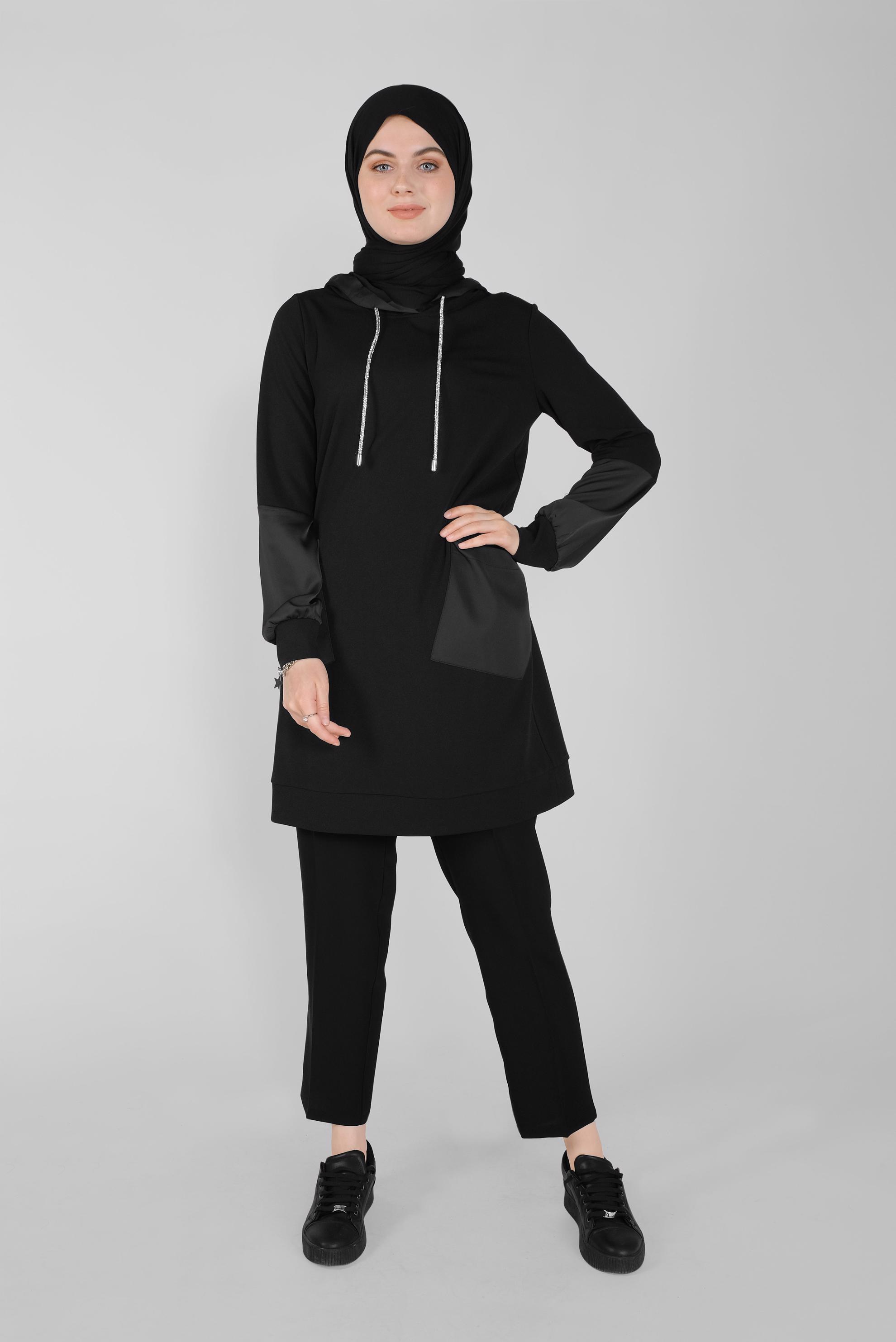 Tesettür giyim SİYAH TAŞ BAĞCIKLI SATEN KOMBİNLİ ÖRME TUNİK 41486 