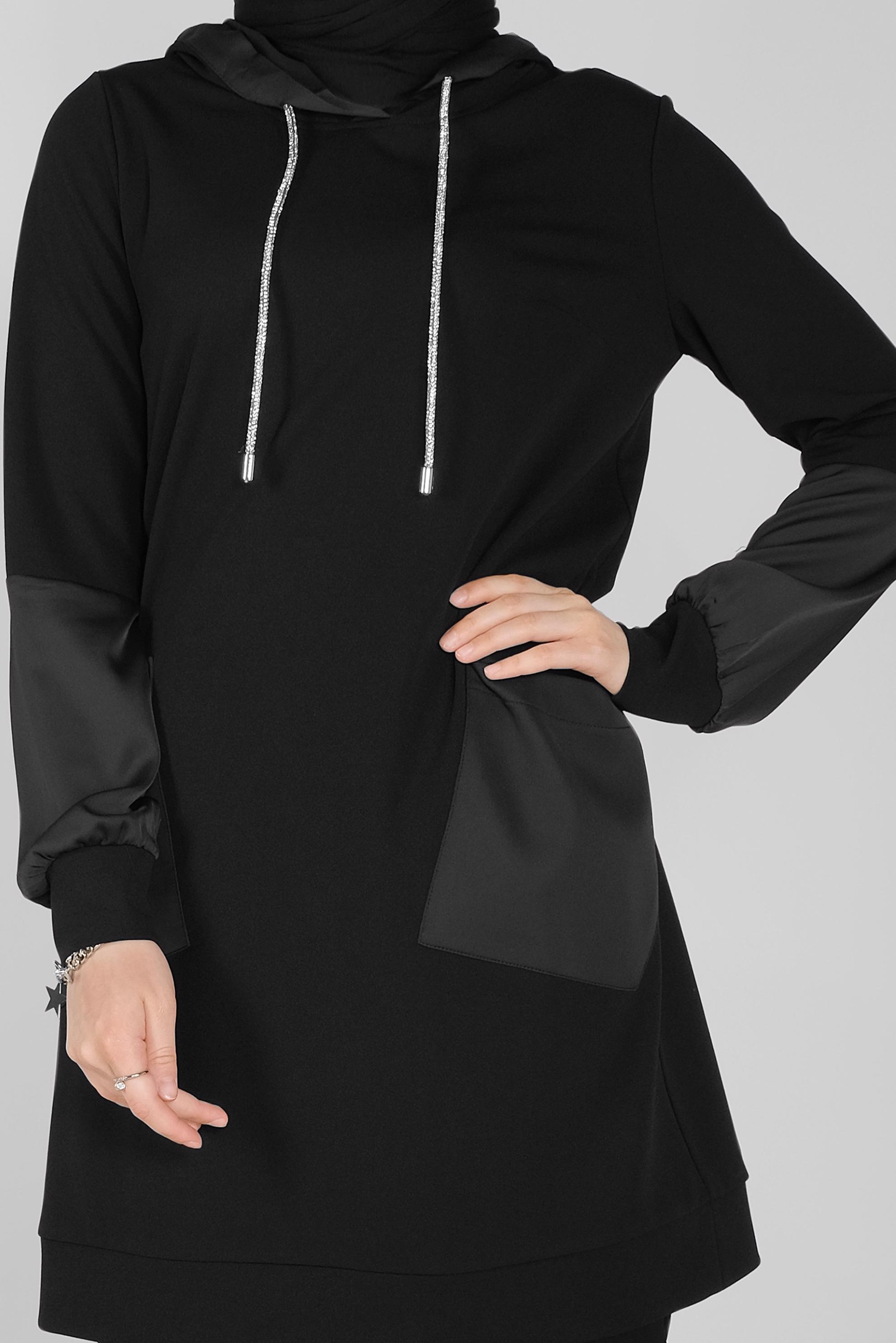 Tesettür giyim SİYAH TAŞ BAĞCIKLI SATEN KOMBİNLİ ÖRME TUNİK 41486 