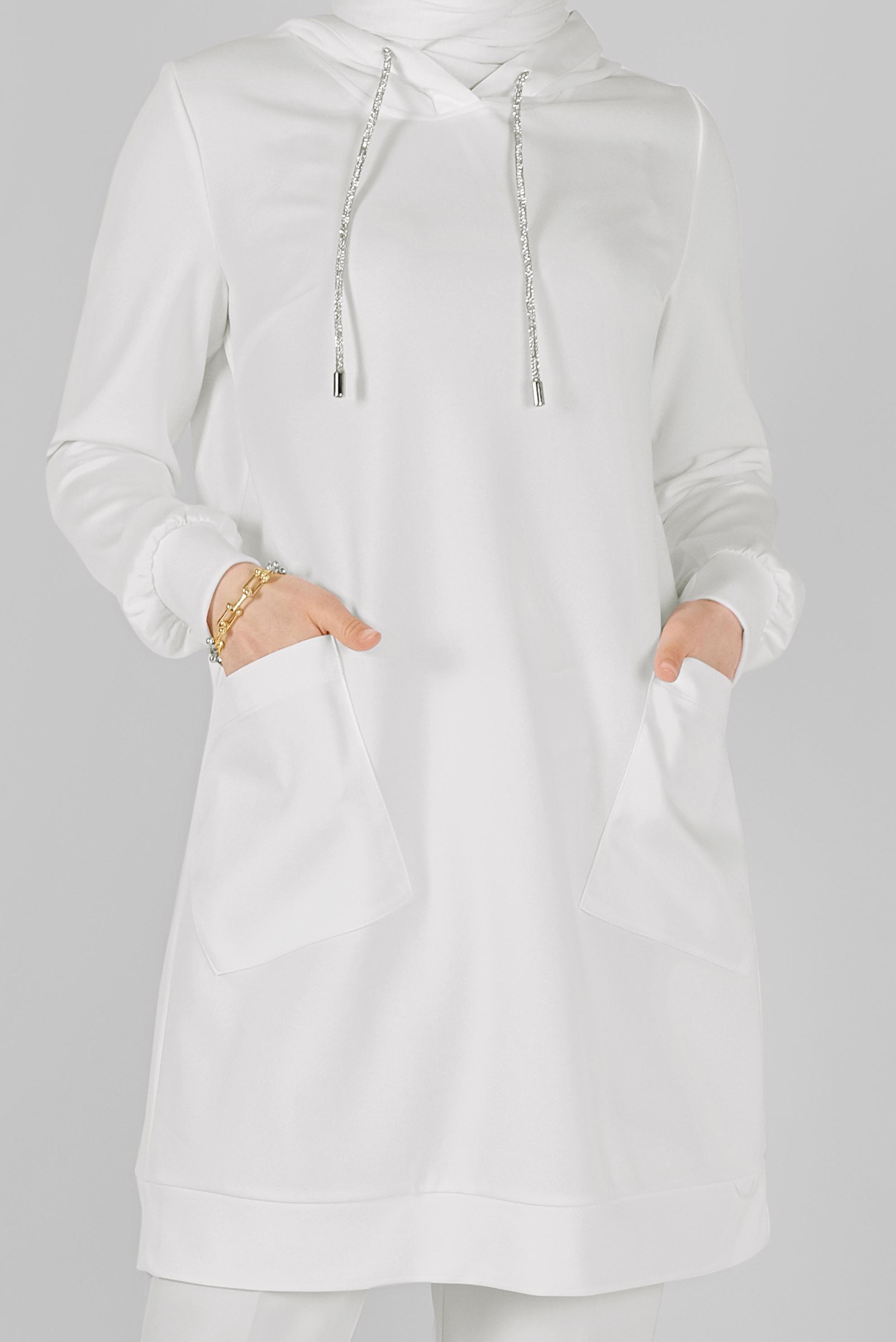 Tesettür giyim BEYAZ TAŞ BAĞCIKLI SATEN KOMBİNLİ ÖRME TUNİK 41486 