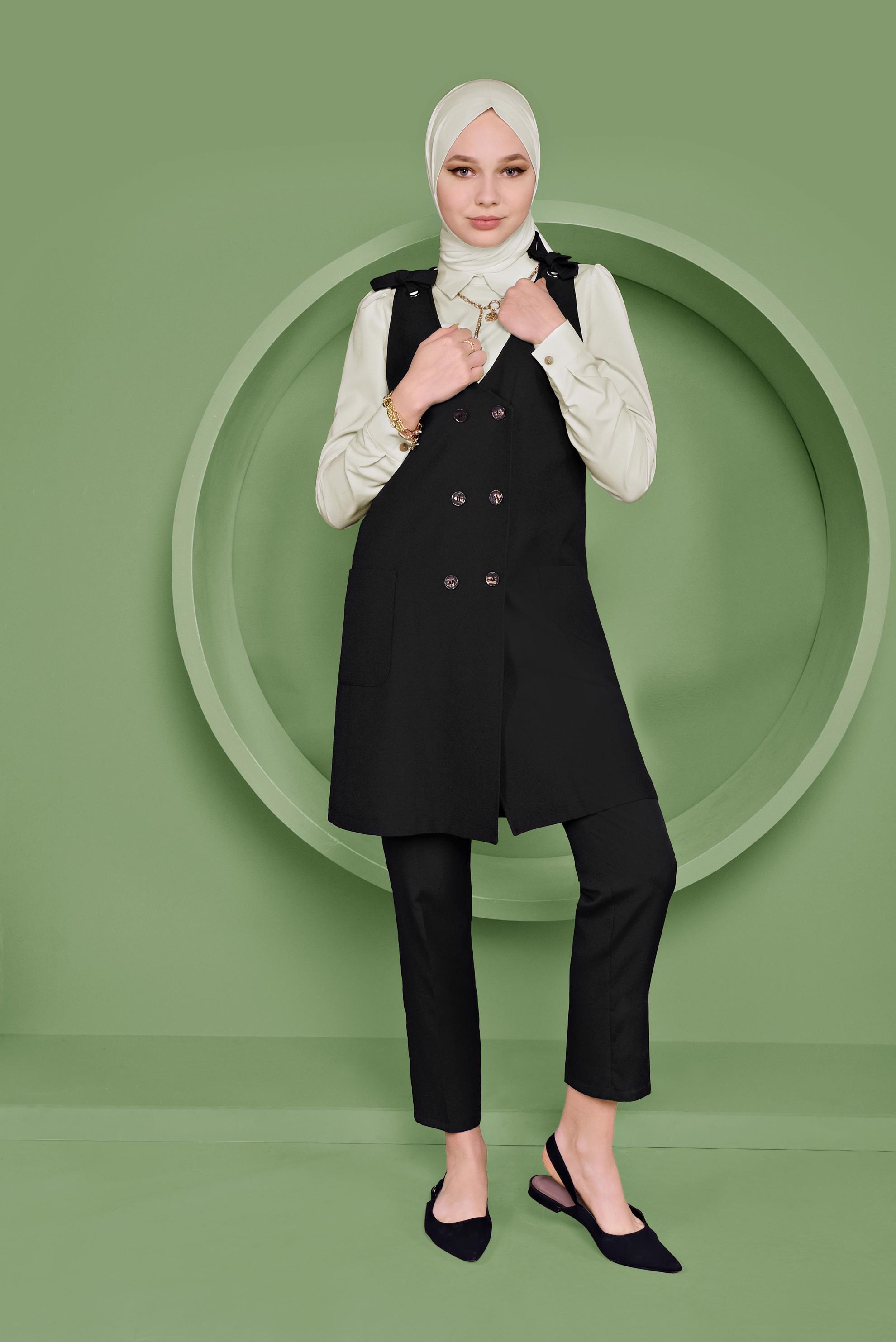 Tesettür giyim SİYAH DÜĞMELİ YELEK FORMLU İKİLİ TUNİK 41487