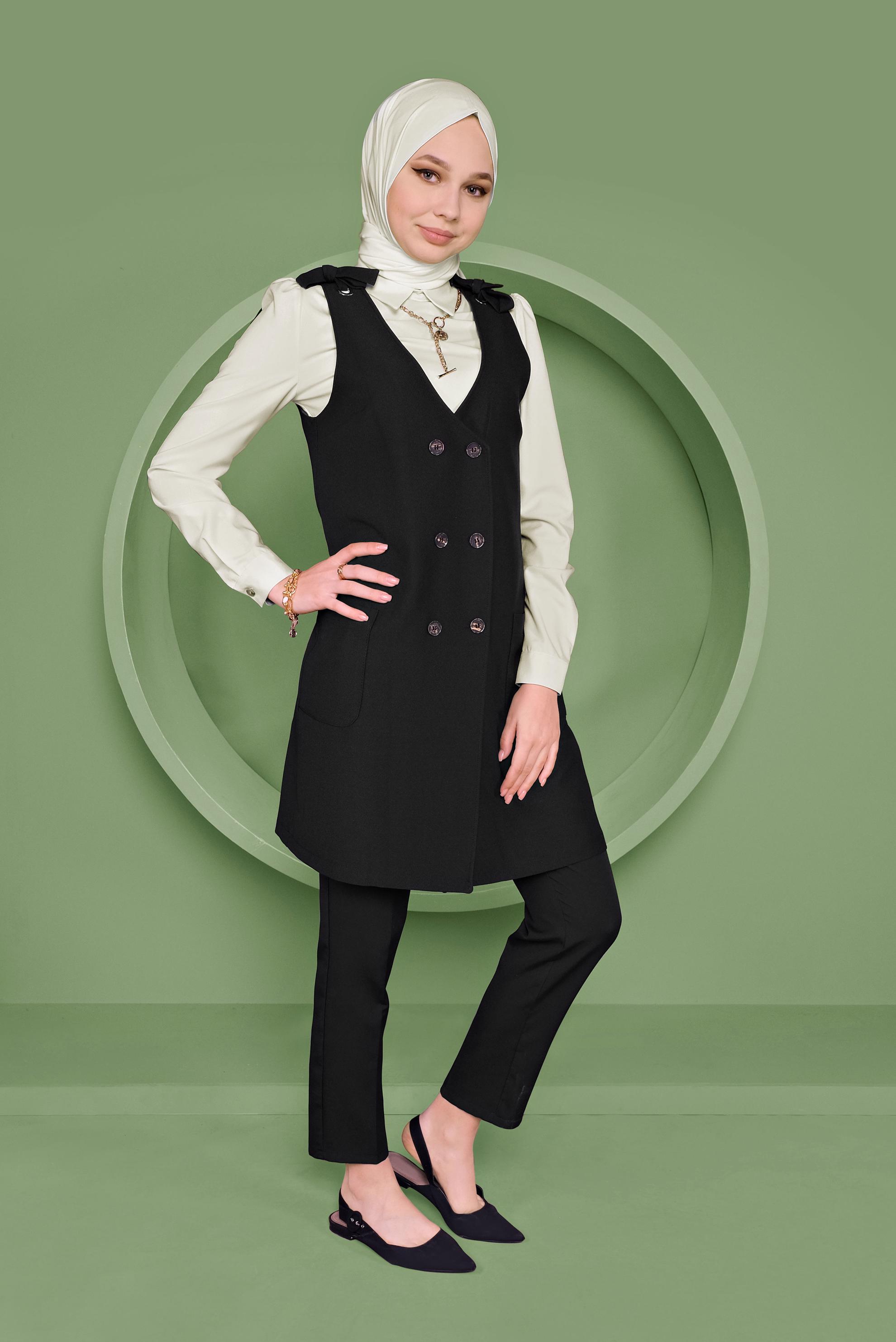 Tesettür giyim SİYAH DÜĞMELİ YELEK FORMLU İKİLİ TUNİK 41487