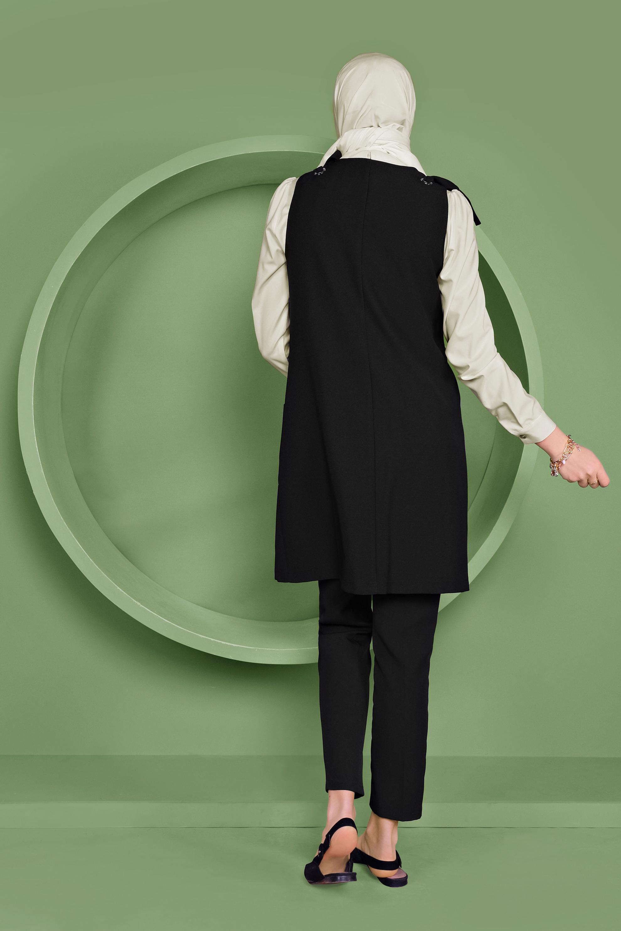 Tesettür giyim SİYAH DÜĞMELİ YELEK FORMLU İKİLİ TUNİK 41487