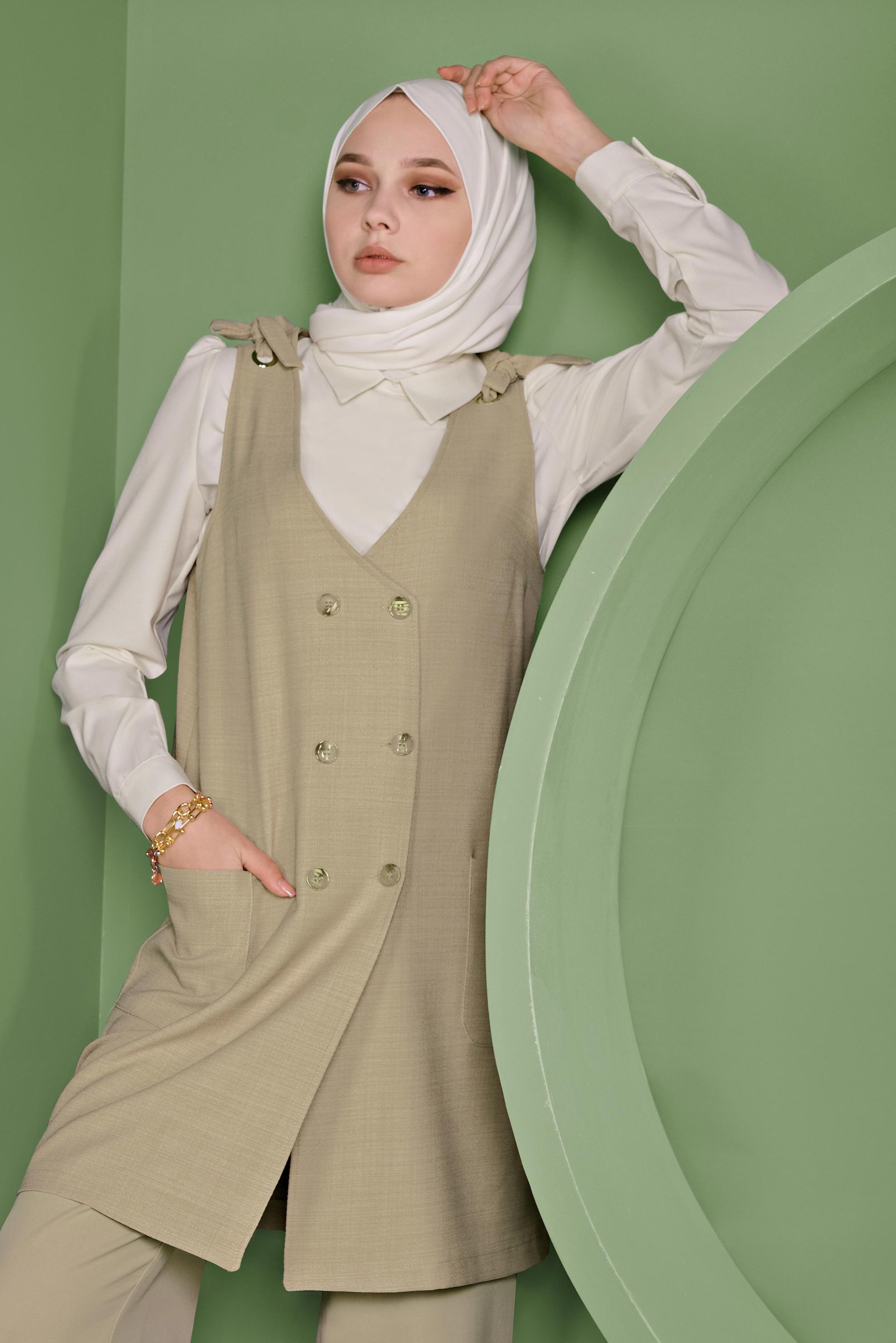 Tesettür giyim BEJ DÜĞMELİ YELEK FORMLU İKİLİ TUNİK 41487